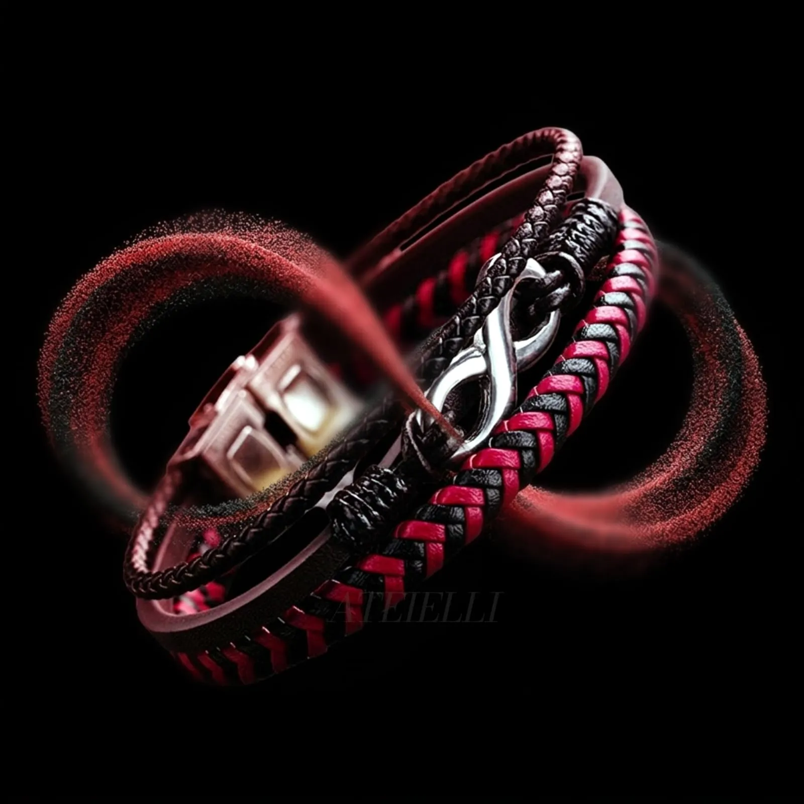 ATEIELLI Bracciale Uomo in PU Pelle e Acciaio Inossidabile Infinito, 21cm Regolabile, Rosso - immagine 3