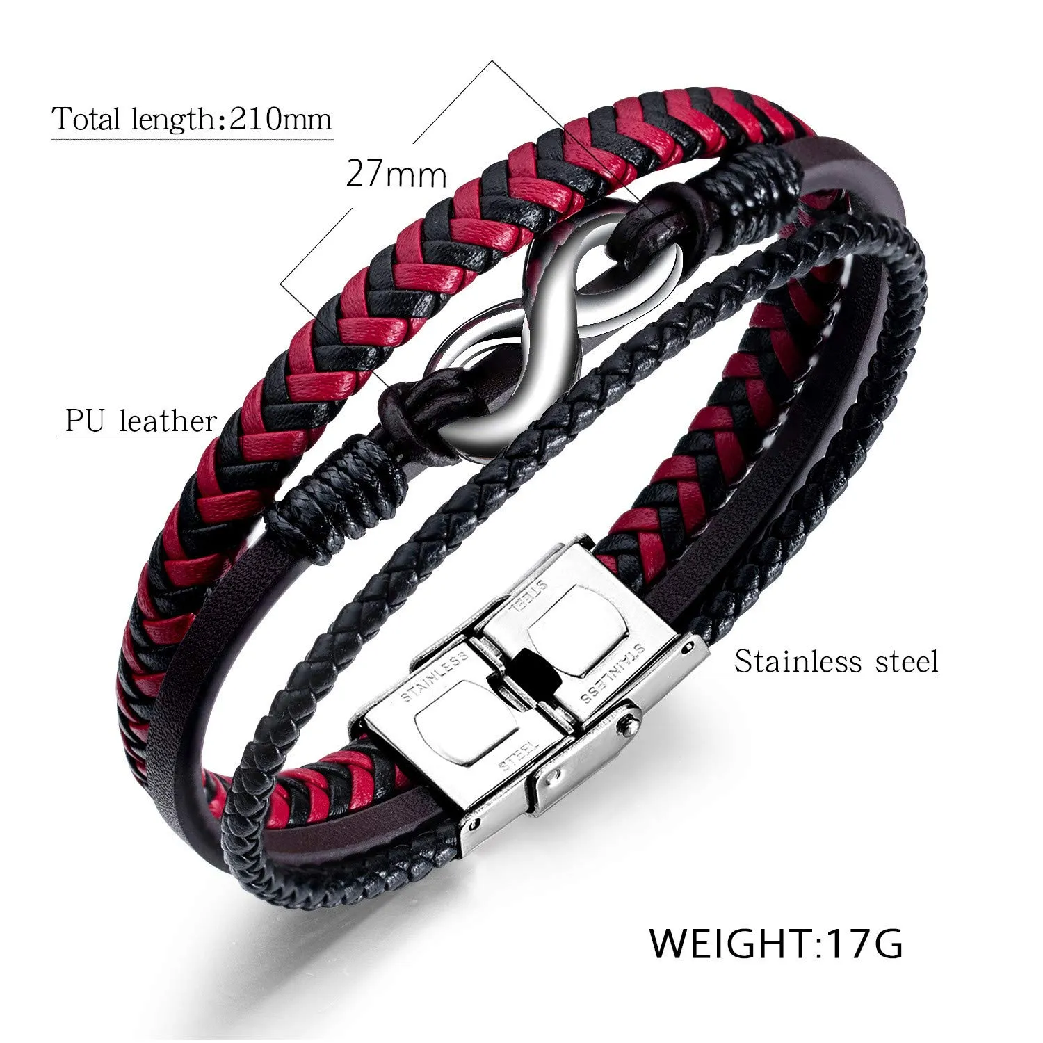 ATEIELLI Bracciale Uomo in PU Pelle e Acciaio Inossidabile Infinito, 21cm Regolabile, Rosso - immagine 4