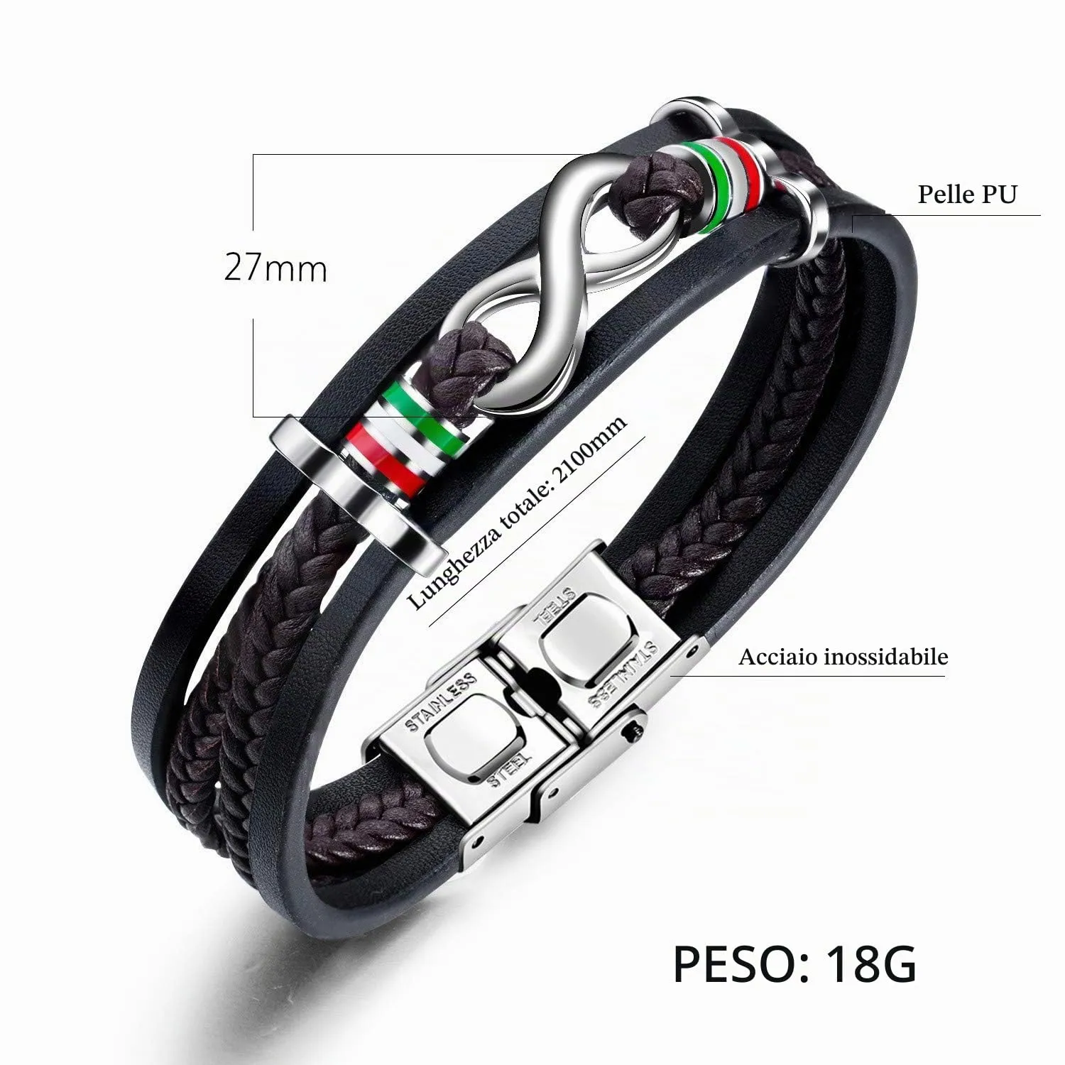 ATEIELLI Bracciale Uomo in Pelle PU e Acciaio Inossidabile Infinito 21cm JWB309 - immagine 2