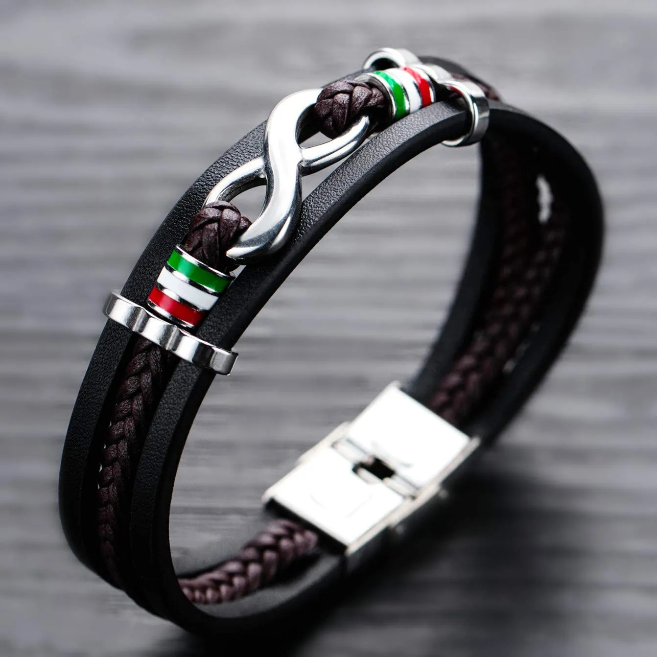 ATEIELLI Bracciale Uomo in Pelle PU e Acciaio Inossidabile Infinito 21cm JWB309 - immagine 3