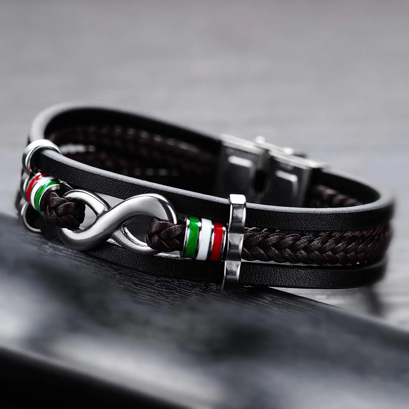 ATEIELLI Bracciale Uomo in Pelle PU e Acciaio Inossidabile Infinito 21cm JWB309 - immagine 4