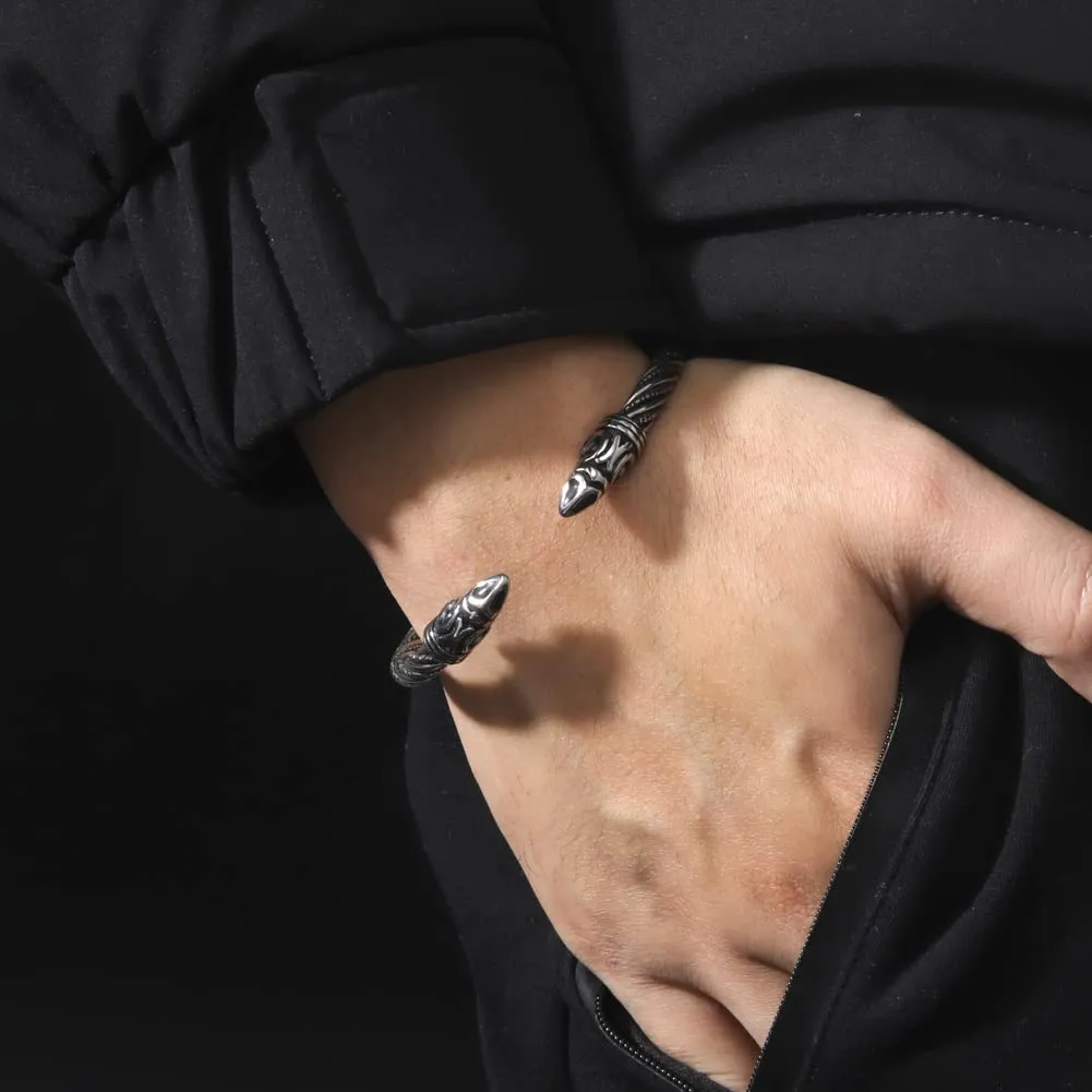 kkjoy Bracciale Vichingo Uomo in Acciaio Inox con Testa di Corvo, Regolabile - immagine 2