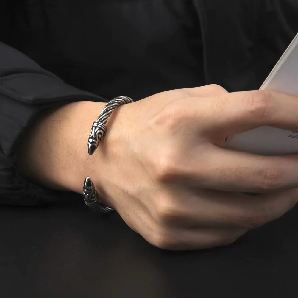 kkjoy Bracciale Vichingo Uomo in Acciaio Inox con Testa di Corvo, Regolabile - immagine 3