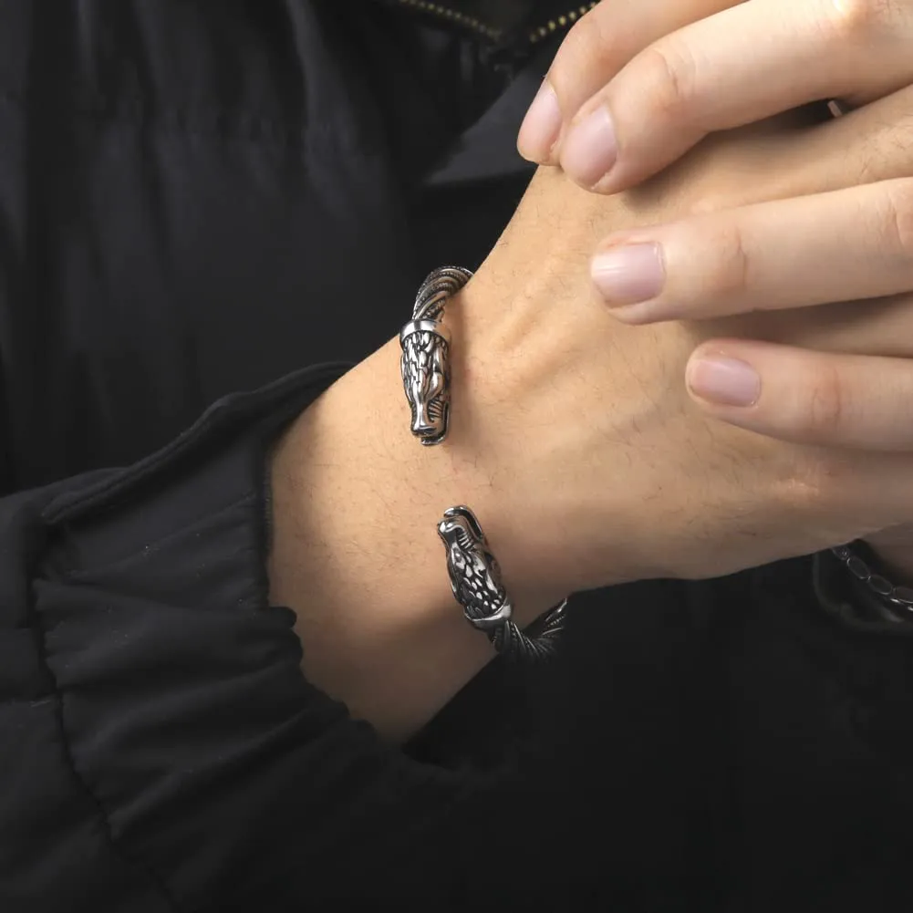 kkjoy Bracciale Vichingo Uomo in Acciaio Inox con Testa di Lupo, Regolabile - immagine 2