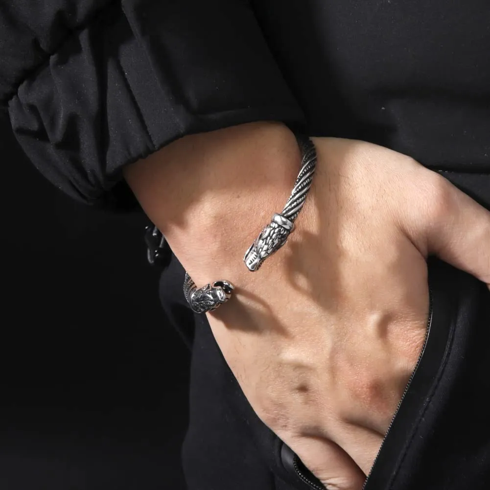 kkjoy Bracciale Vichingo Uomo in Acciaio Inox con Testa di Lupo, Regolabile - immagine 3