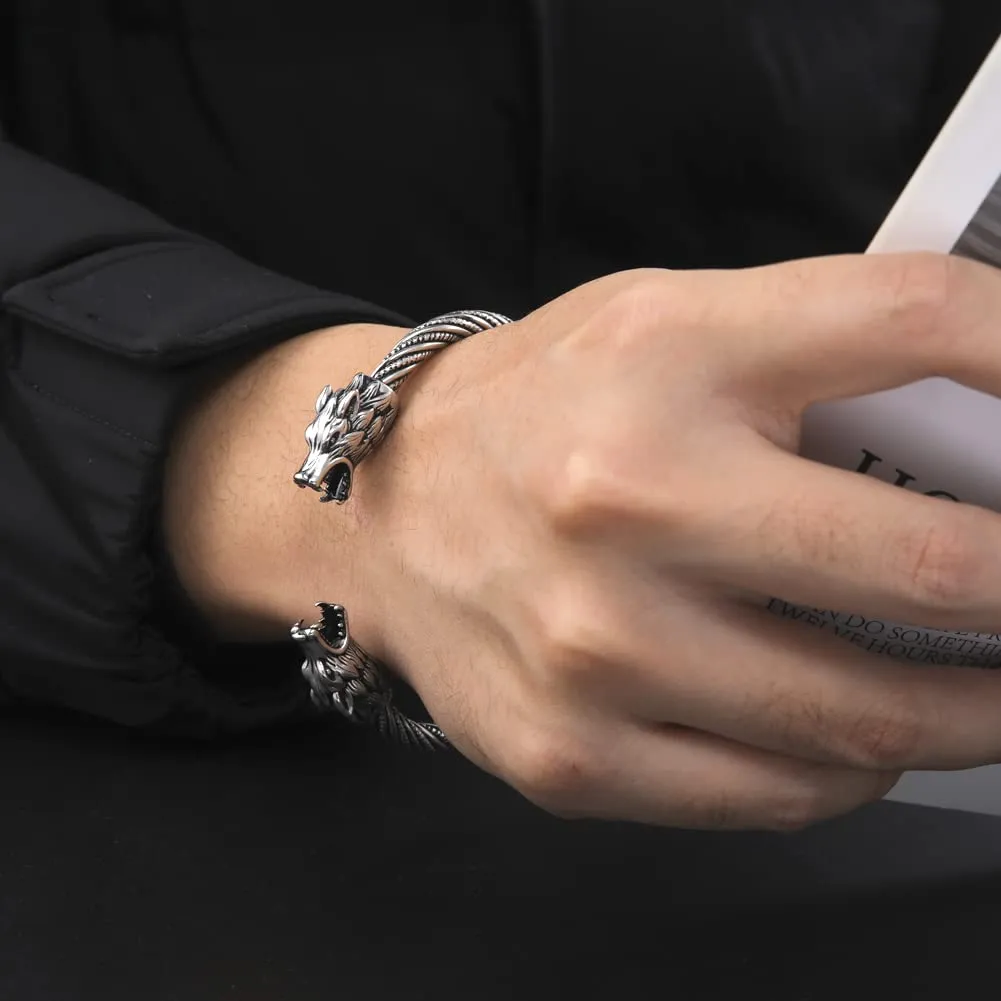 kkjoy Bracciale Vichingo Uomo in Acciaio Inox con Testa di Lupo Ululante, Regolabile - immagine 2