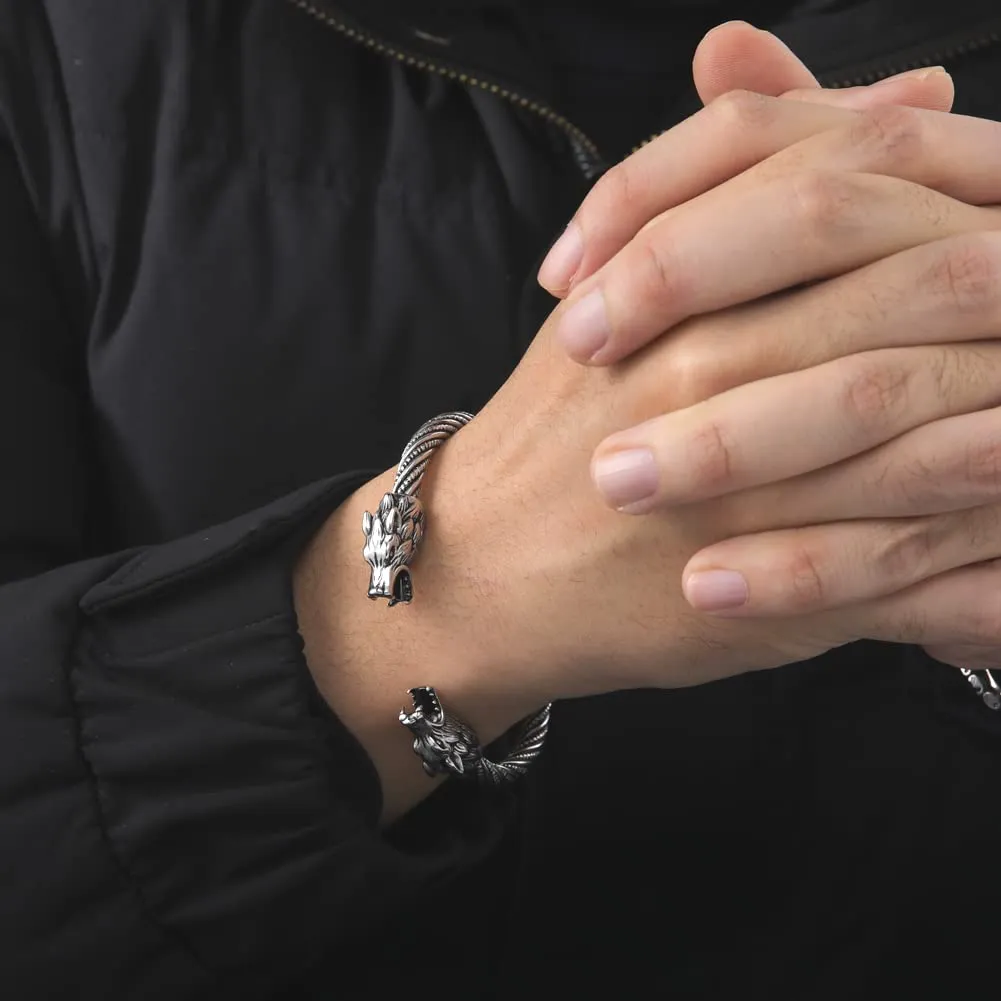 kkjoy Bracciale Vichingo Uomo in Acciaio Inox con Testa di Lupo Ululante, Regolabile - immagine 3