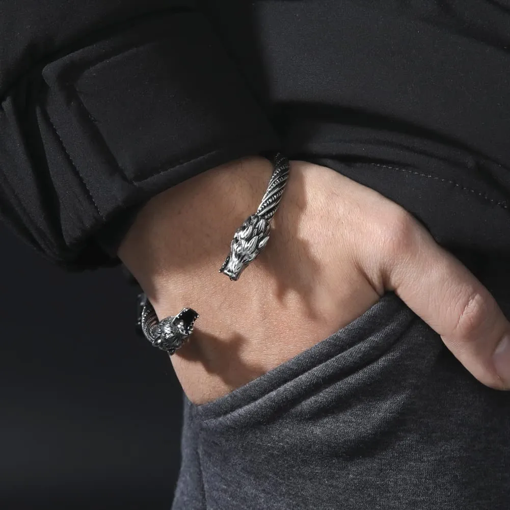 kkjoy Bracciale Vichingo Uomo in Acciaio Inox con Testa di Lupo Ululante, Regolabile - immagine 4