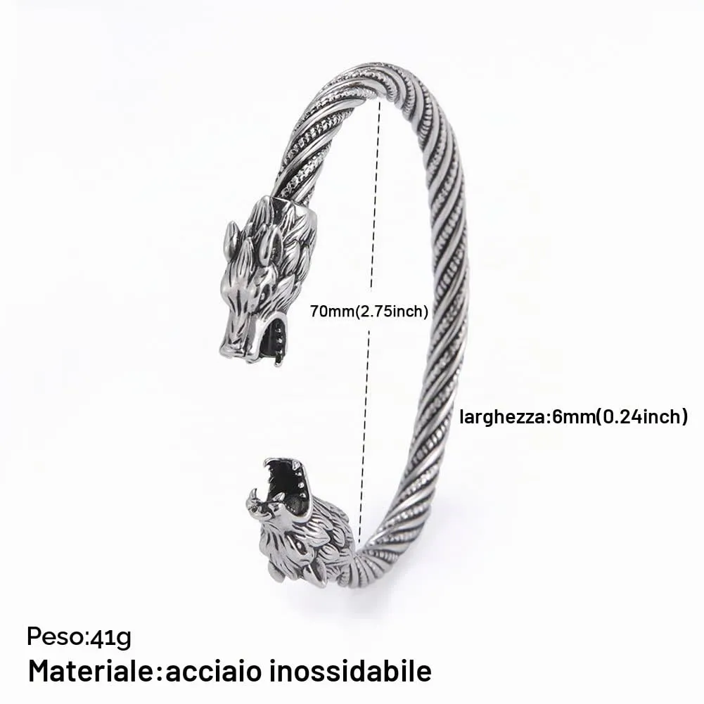 kkjoy Bracciale Vichingo Uomo in Acciaio Inox con Testa di Lupo Ululante, Regolabile - immagine 5
