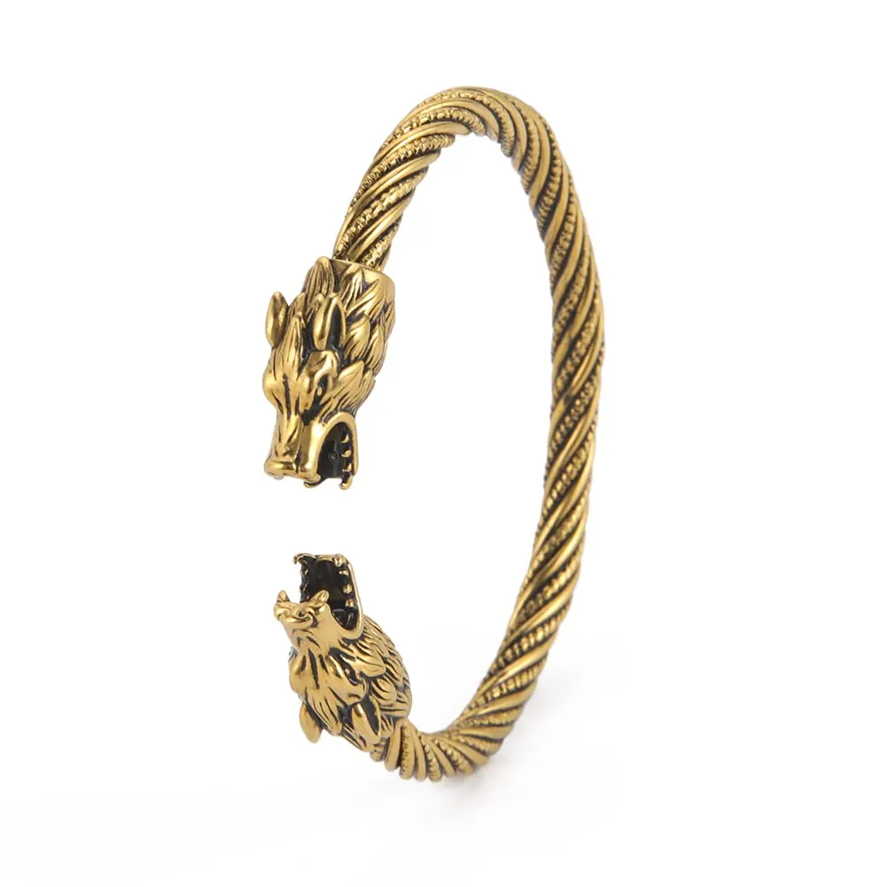 kkjoy Bracciale Vichingo Uomo in Acciaio Inox con Testa di Lupo Ululante, Regolabile - immagine 1