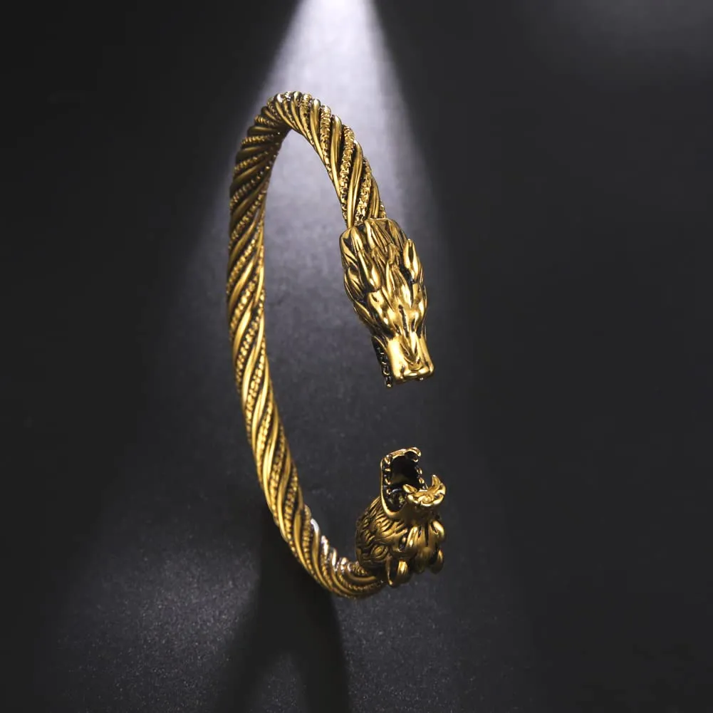 kkjoy Bracciale Vichingo Uomo in Acciaio Inox con Testa di Lupo Ululante, Regolabile - immagine 2