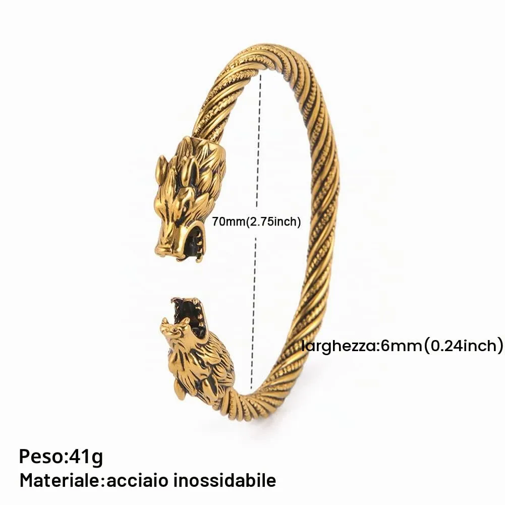 kkjoy Bracciale Vichingo Uomo in Acciaio Inox con Testa di Lupo Ululante, Regolabile - immagine 4