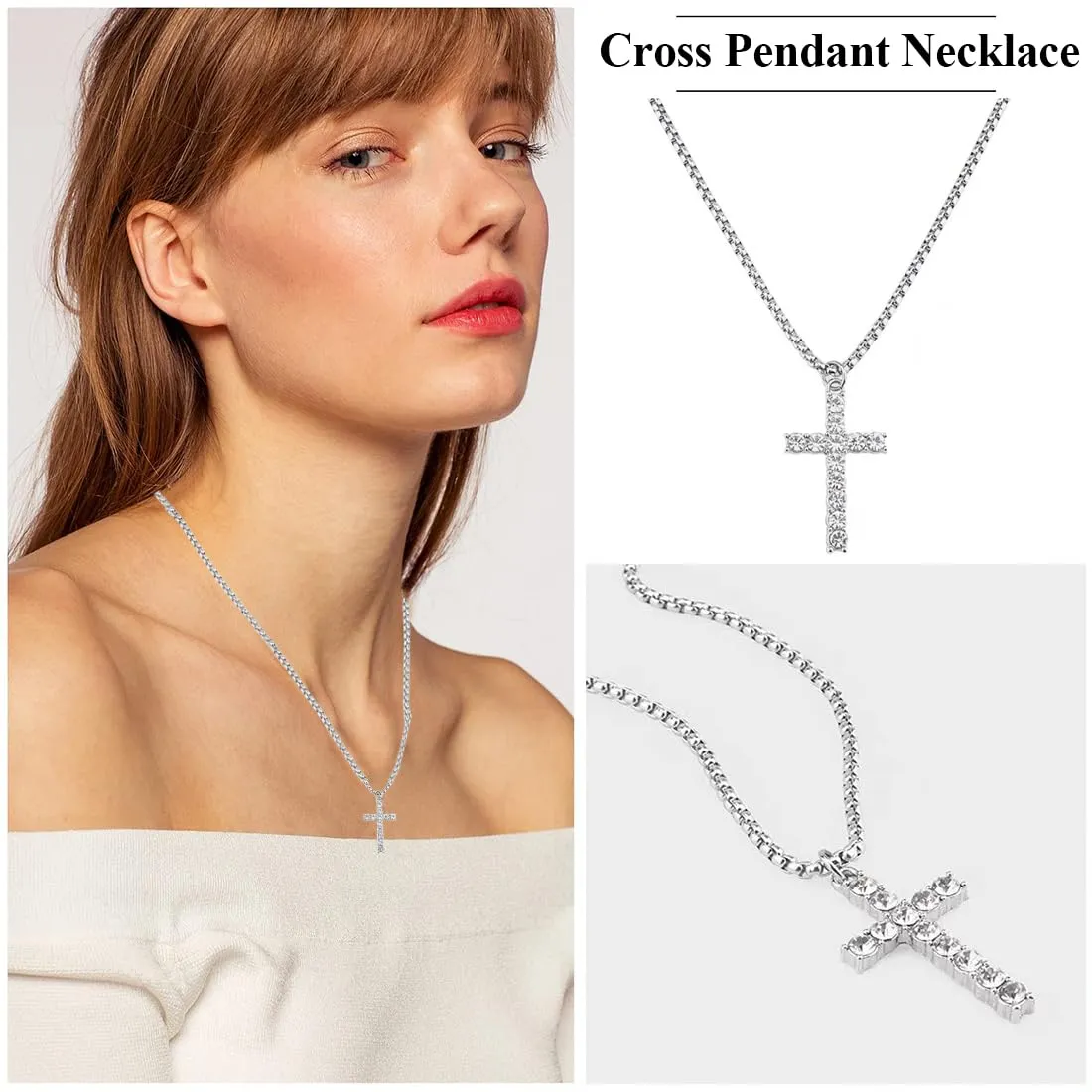 WKRTDY Collana Unisex in Acciaio Inox con Pendente Croce e Zirconi - immagine 2