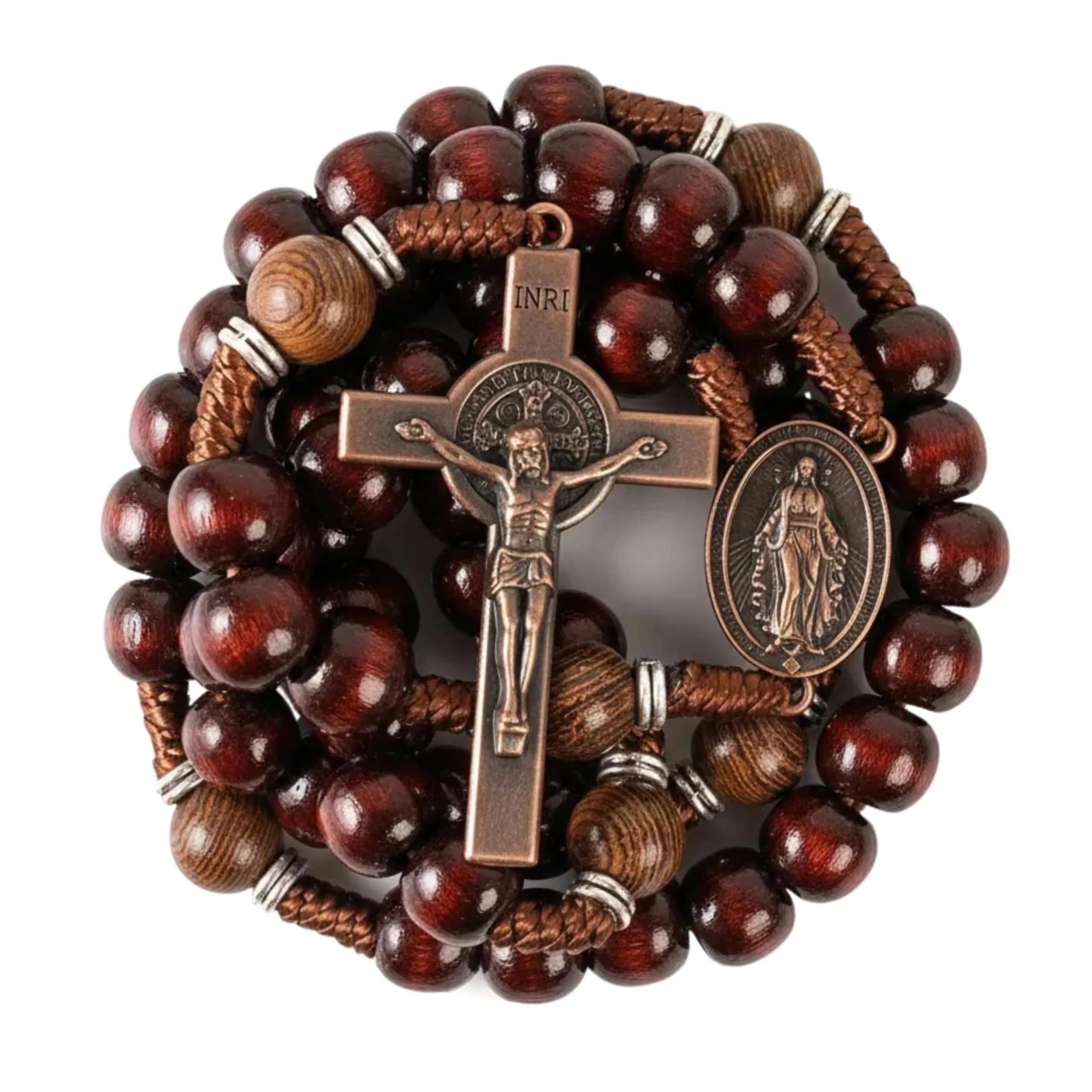 Nazareth Store Rosario fatto a mano in legno d'ulivo e perline rosso scuro, medaglia e crocifisso in rame antico, 20.6" - immagine 1