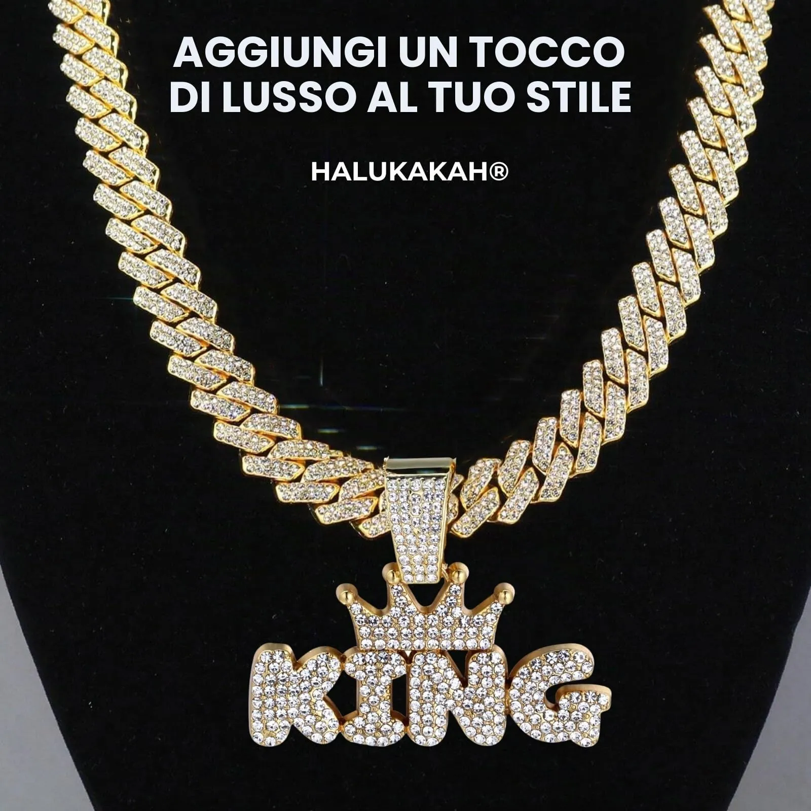 HALUKAKAH Collana con Ciondolo Lettera King della Corona Placcato Oro 18K e Catena a Maglie Cubane 50cm - immagine 2