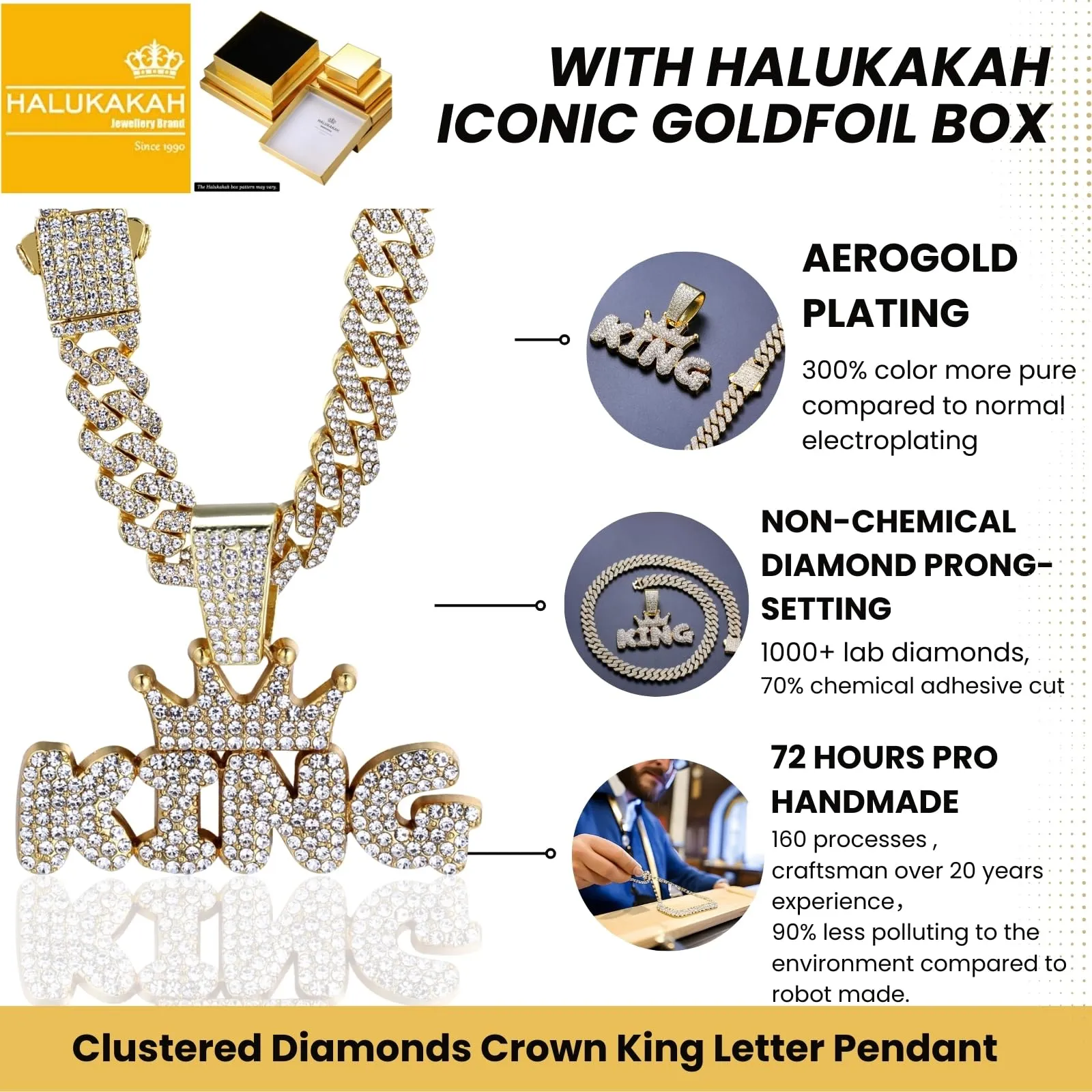 HALUKAKAH Collana con Ciondolo Lettera King della Corona Placcato Oro 18K e Catena a Maglie Cubane 50cm - immagine 3