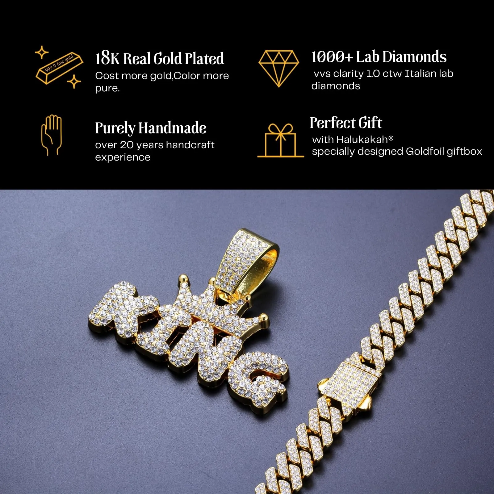 HALUKAKAH Collana con Ciondolo Lettera King della Corona Placcato Oro 18K e Catena a Maglie Cubane 50cm - immagine 5