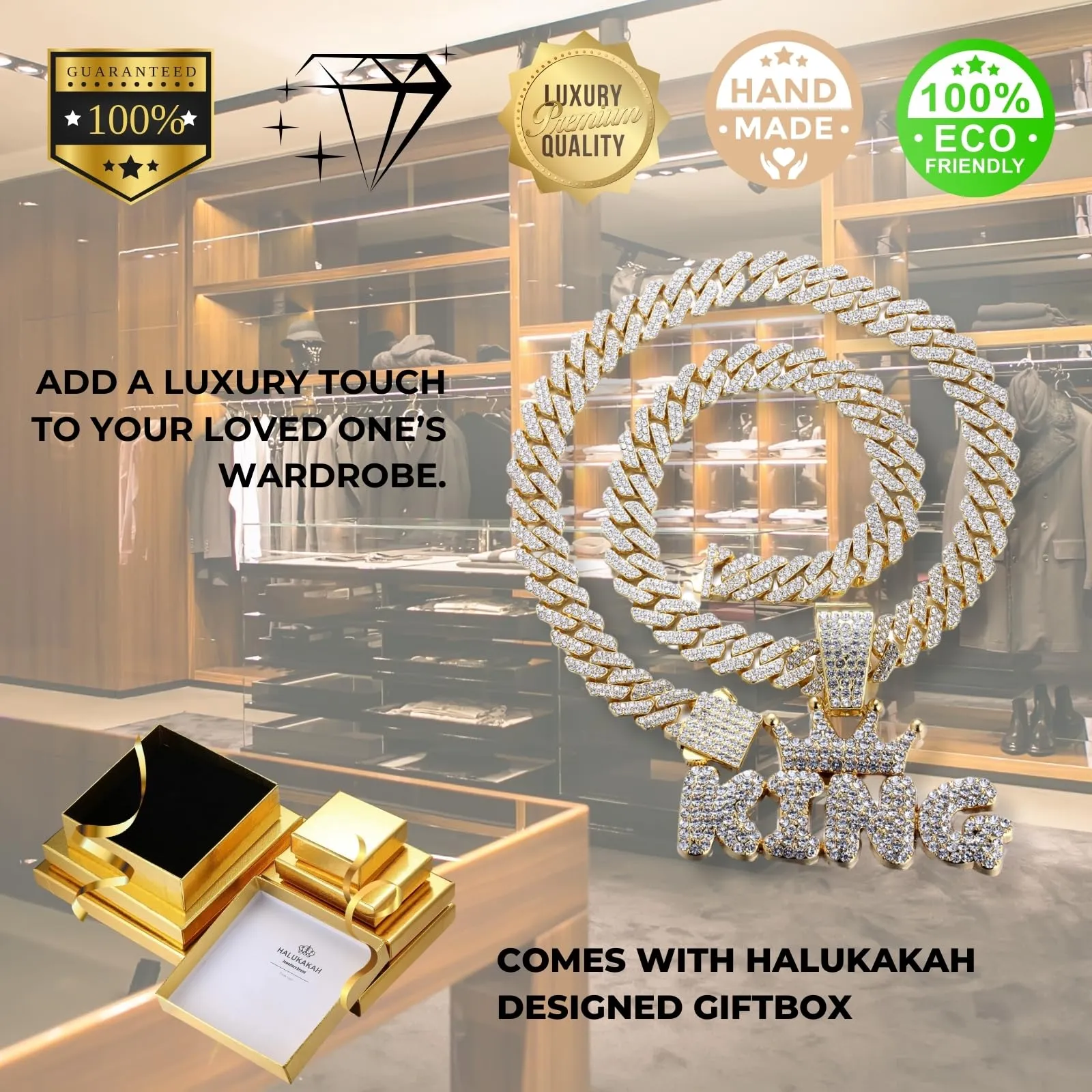 HALUKAKAH Collana con Ciondolo Lettera King della Corona Placcato Oro 18K e Catena a Maglie Cubane 50cm - immagine 6