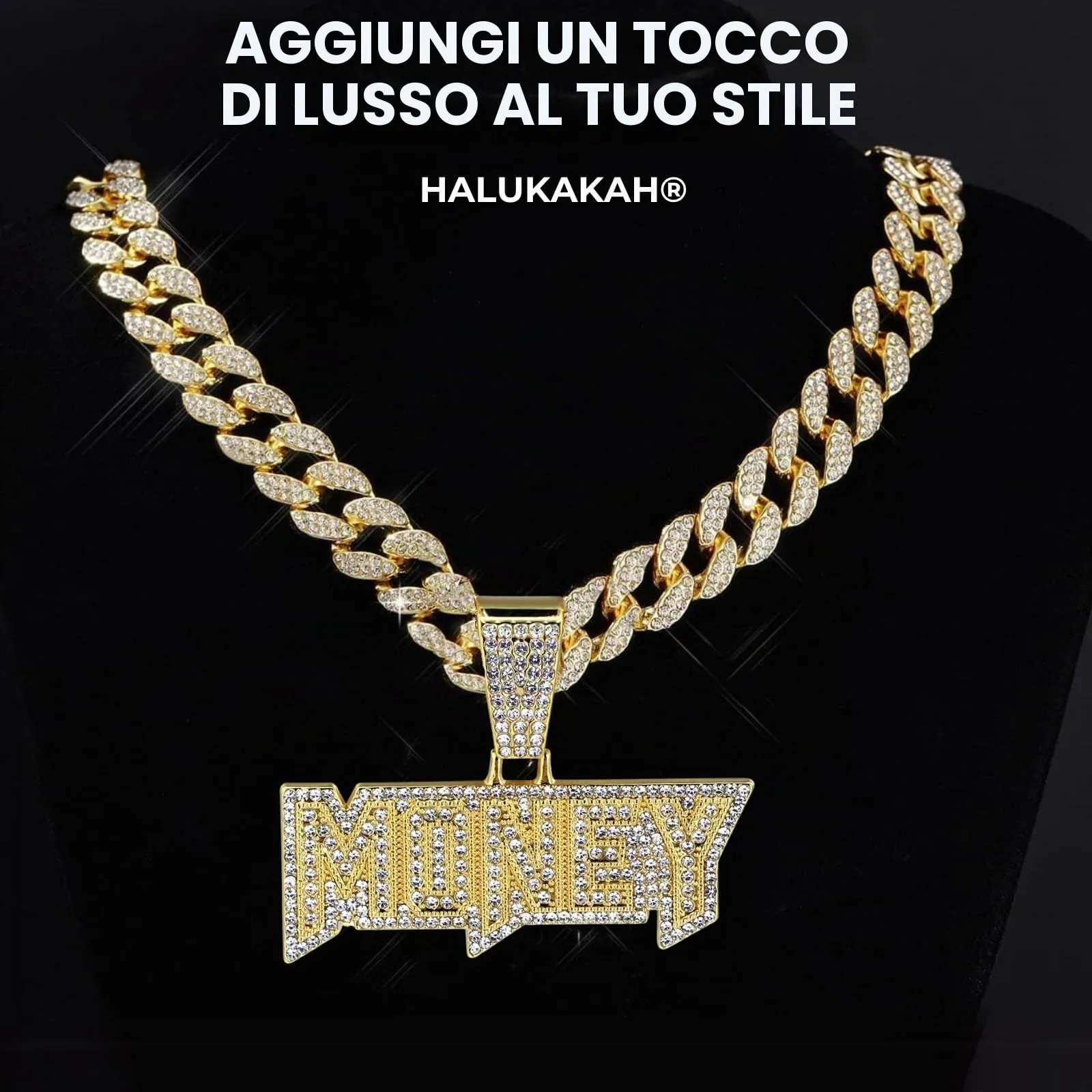 Halukakah Collana con Ciondolo Money 3D Placcato Oro 18K, Catena a Maglie Cubane 50cm - immagine 2