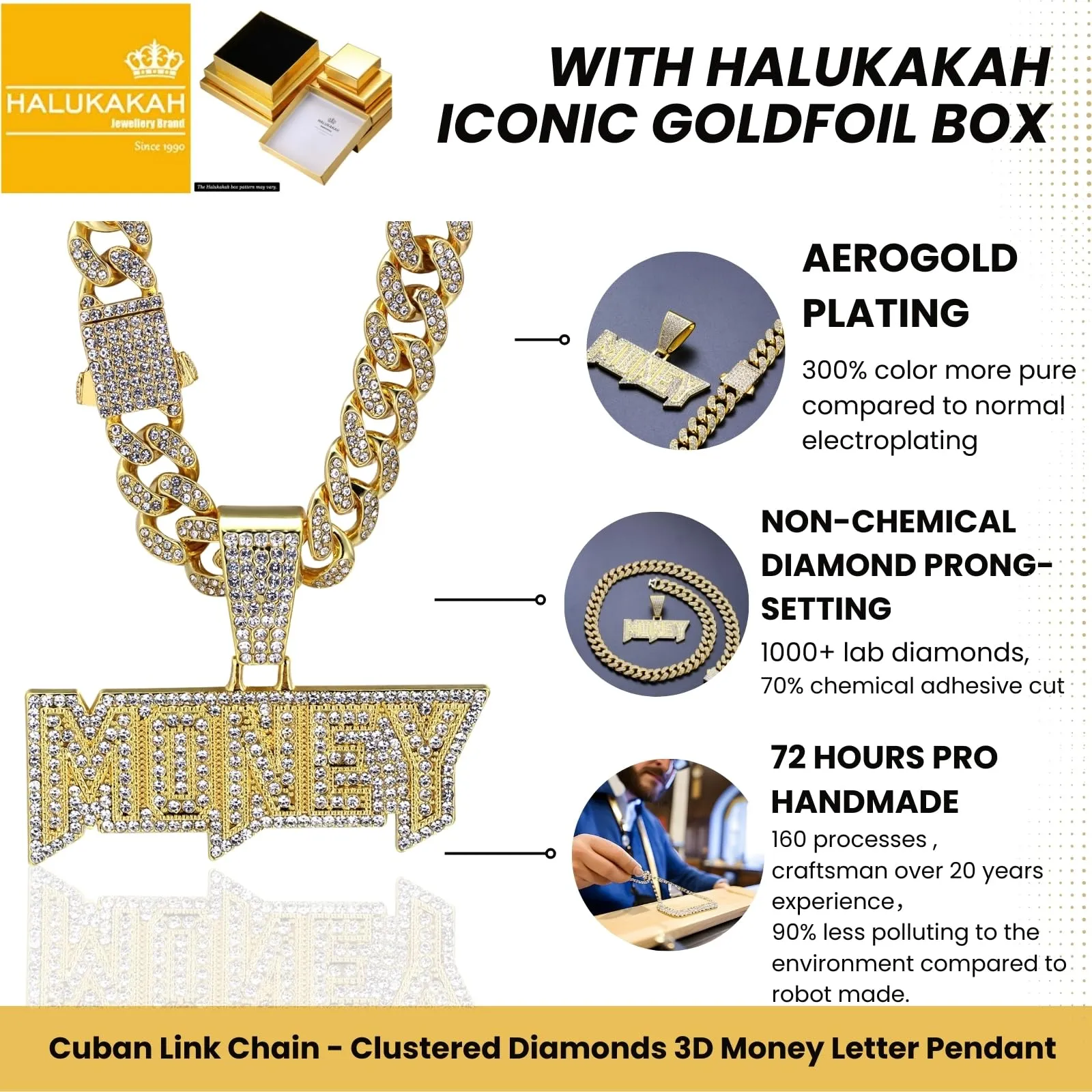 Halukakah Collana con Ciondolo Money 3D Placcato Oro 18K, Catena a Maglie Cubane 50cm - immagine 3
