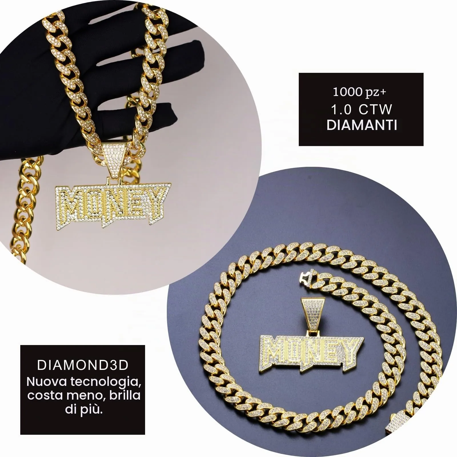 Halukakah Collana con Ciondolo Money 3D Placcato Oro 18K, Catena a Maglie Cubane 50cm - immagine 4