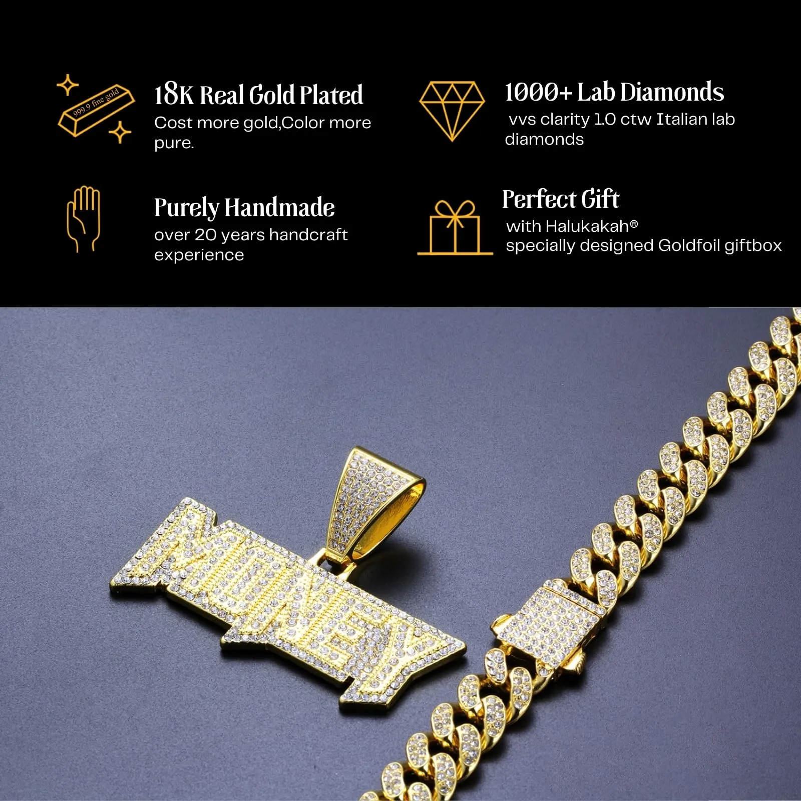 Halukakah Collana con Ciondolo Money 3D Placcato Oro 18K, Catena a Maglie Cubane 50cm - immagine 5