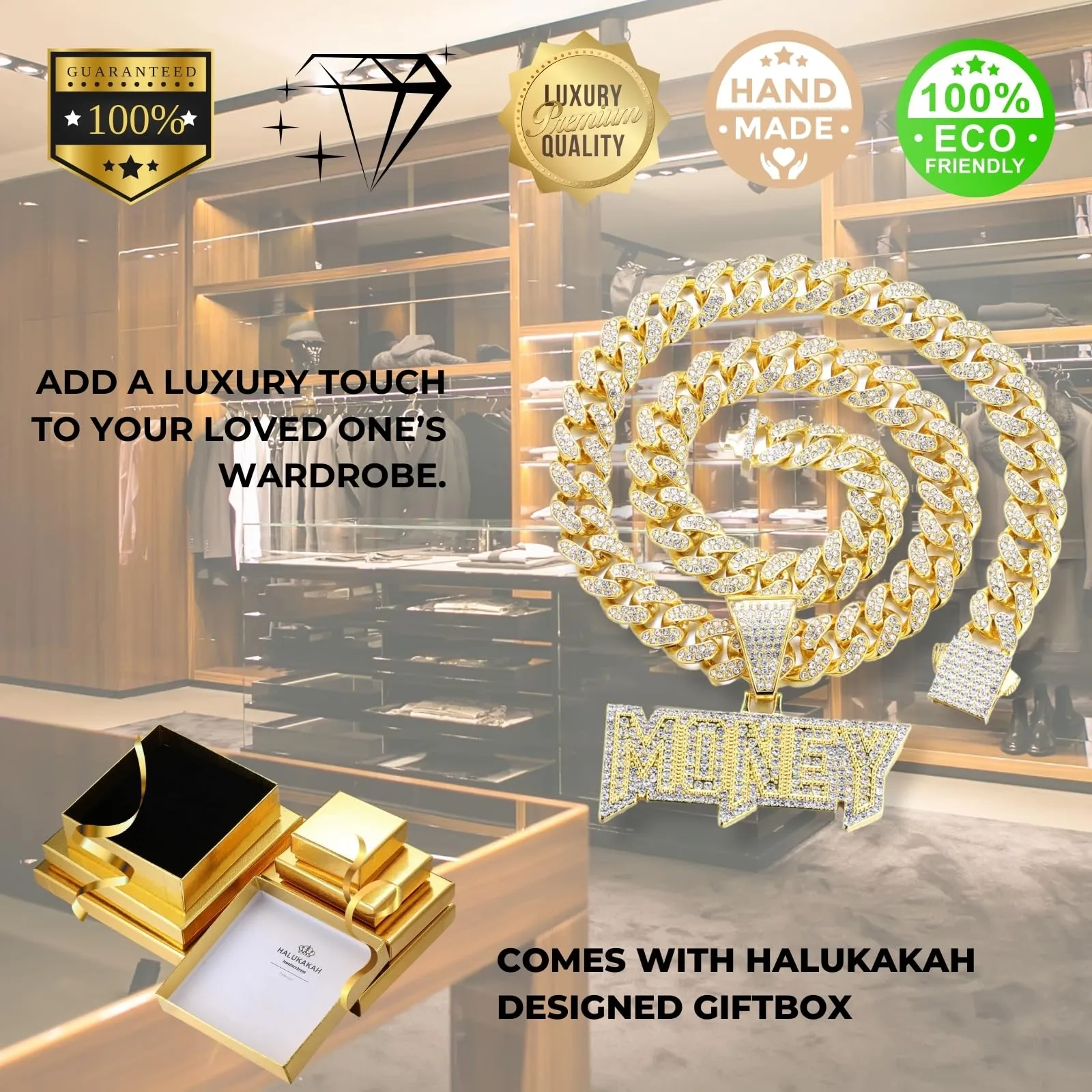 Halukakah Collana con Ciondolo Money 3D Placcato Oro 18K, Catena a Maglie Cubane 50cm - immagine 6