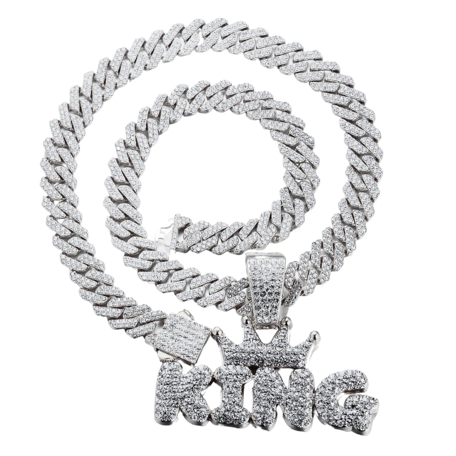 HALUKAKAH Collana con Ciondolo Lettera King della Corona Placcato in Platino, Catena a Maglie Cubane 50cm - immagine 1