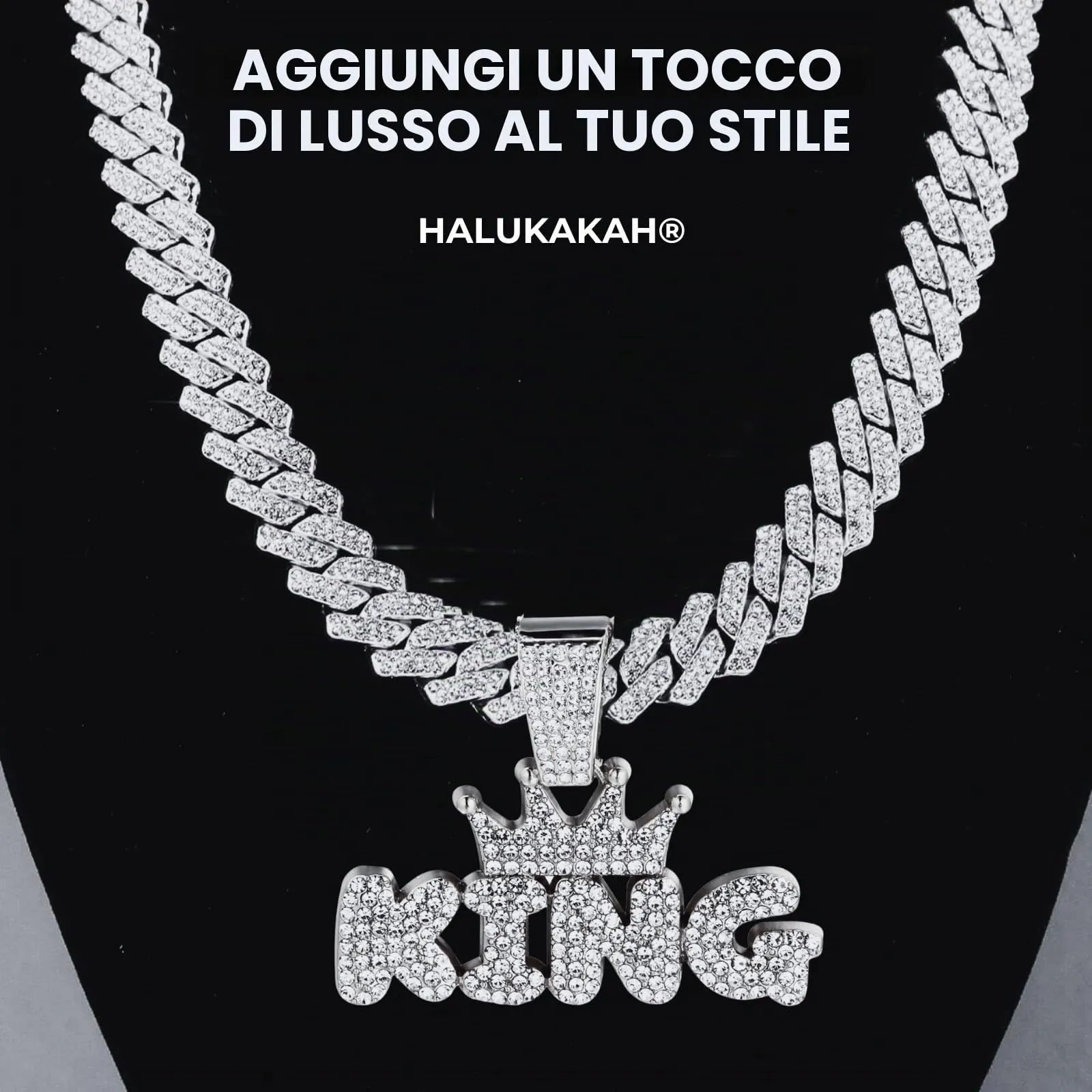 HALUKAKAH Collana con Ciondolo Lettera King della Corona Placcato in Platino, Catena a Maglie Cubane 50cm - immagine 2