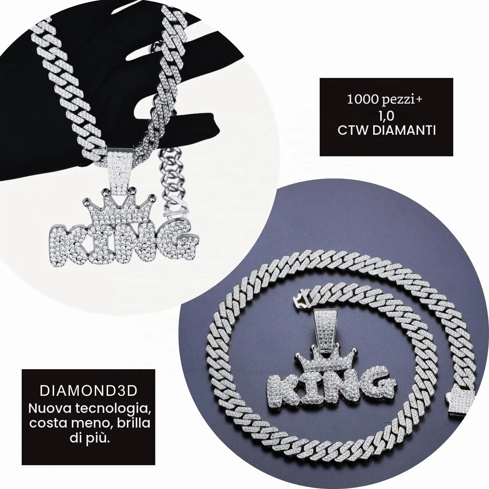 HALUKAKAH Collana con Ciondolo Lettera King della Corona Placcato in Platino, Catena a Maglie Cubane 50cm - immagine 4
