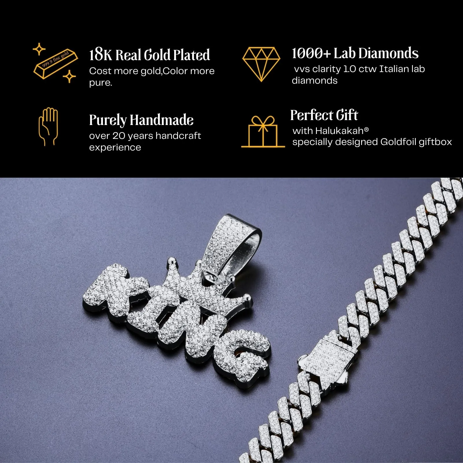 HALUKAKAH Collana con Ciondolo Lettera King della Corona Placcato in Platino, Catena a Maglie Cubane 50cm - immagine 5