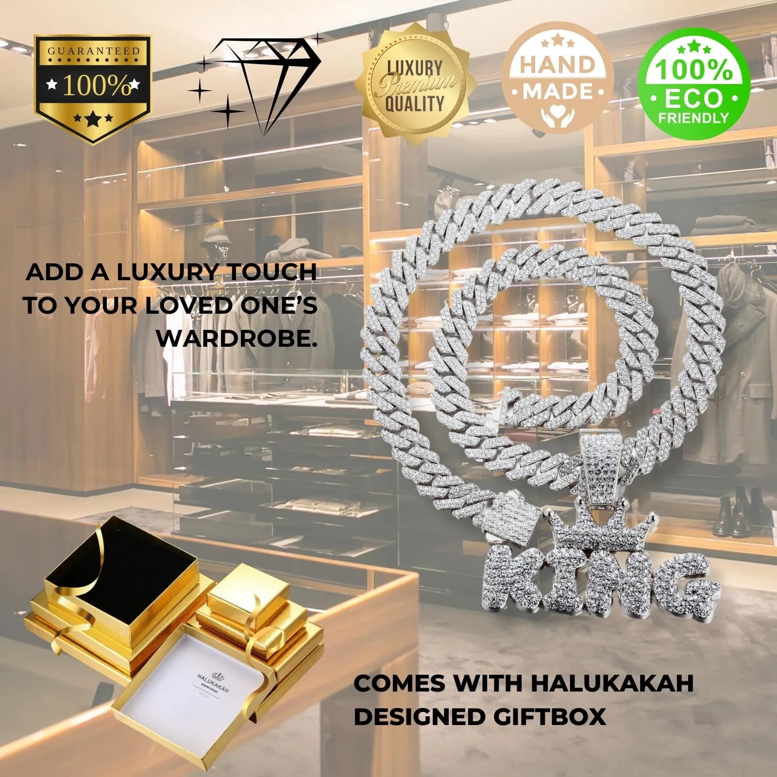 HALUKAKAH Collana con Ciondolo Lettera King della Corona Placcato in Platino, Catena a Maglie Cubane 50cm - immagine 6