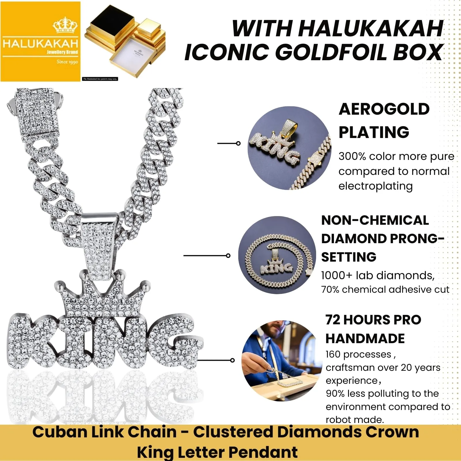HALUKAKAH Collana con Ciondolo Lettera King della Corona Placcato in Platino, Catena a Maglie Cubane 50cm - immagine 3