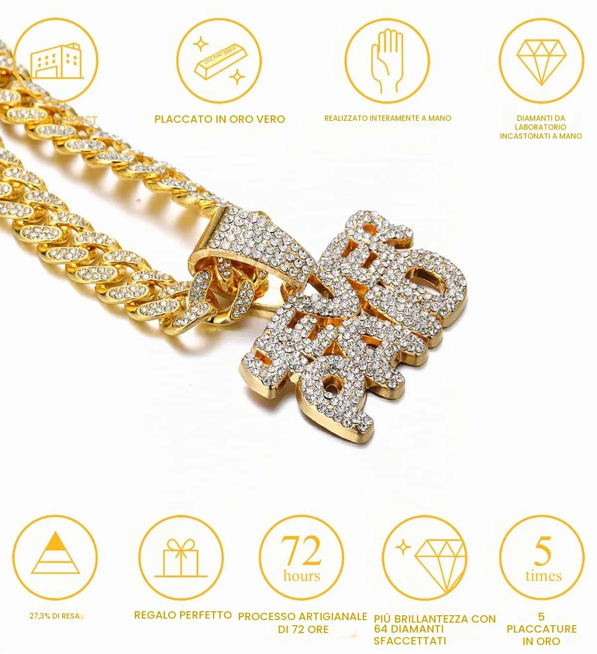 HALUKAKAH 4EVER PAID Catena Oro per Uomo Placcato Oro 18k Iced Out Collana Ciondolo con Diamanti Lab CZ, Maglia Cubana 14mm 45cm - immagine 2