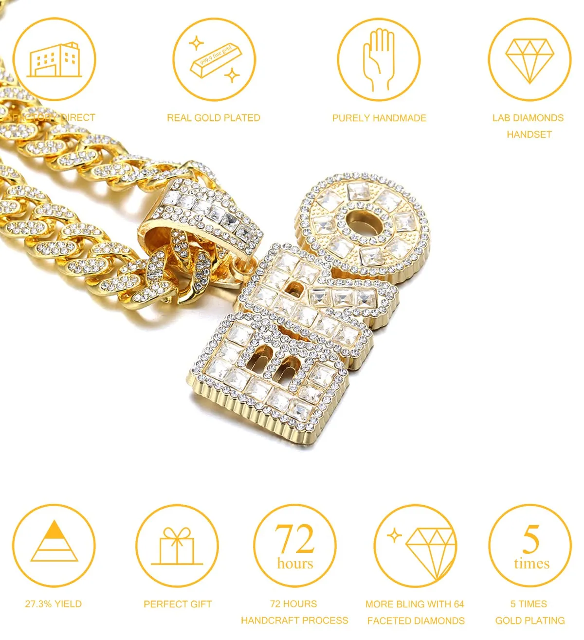 HALUKAKAH BRO Catena Oro per Uomo Placcato Oro 18k Iced Out con Ciondolo e Diamanti Lab Cz, Maglia Cubana 14mm 45cm - immagine 2