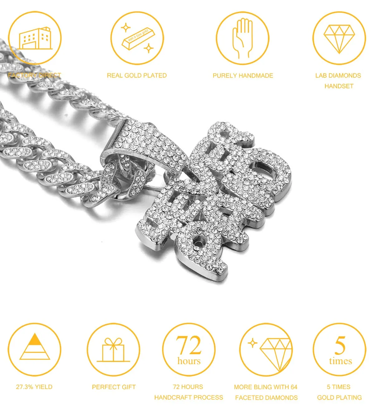 HALUKAKAH 4Ever Paid Collana con Ciondolo e Catena a Maglia Cubana 14mm 45cm, Finitura Oro Bianco Platino con Diamanti Lab Cz - immagine 2