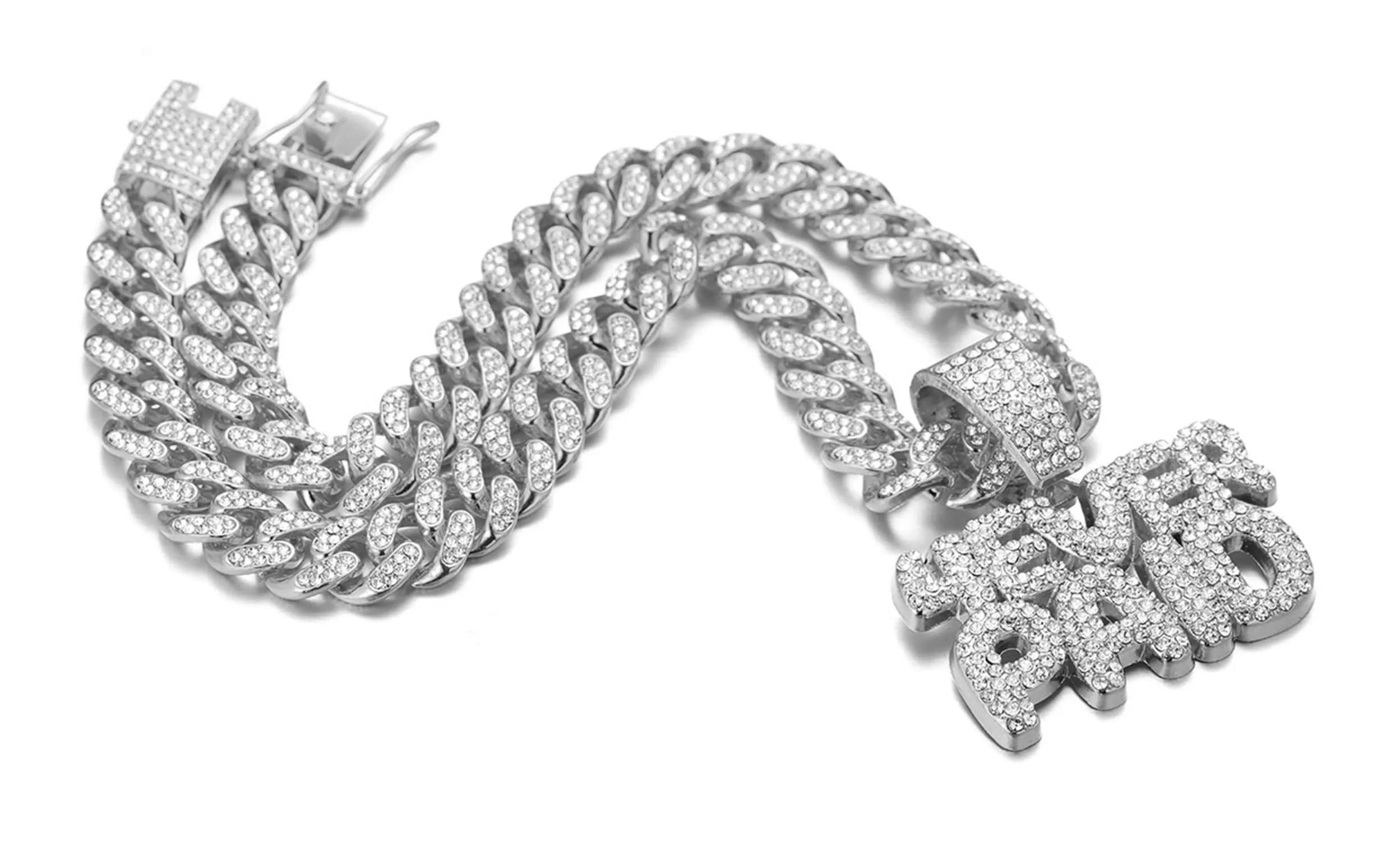 HALUKAKAH 4Ever Paid Collana con Ciondolo e Catena a Maglia Cubana 14mm 45cm, Finitura Oro Bianco Platino con Diamanti Lab Cz - immagine 5