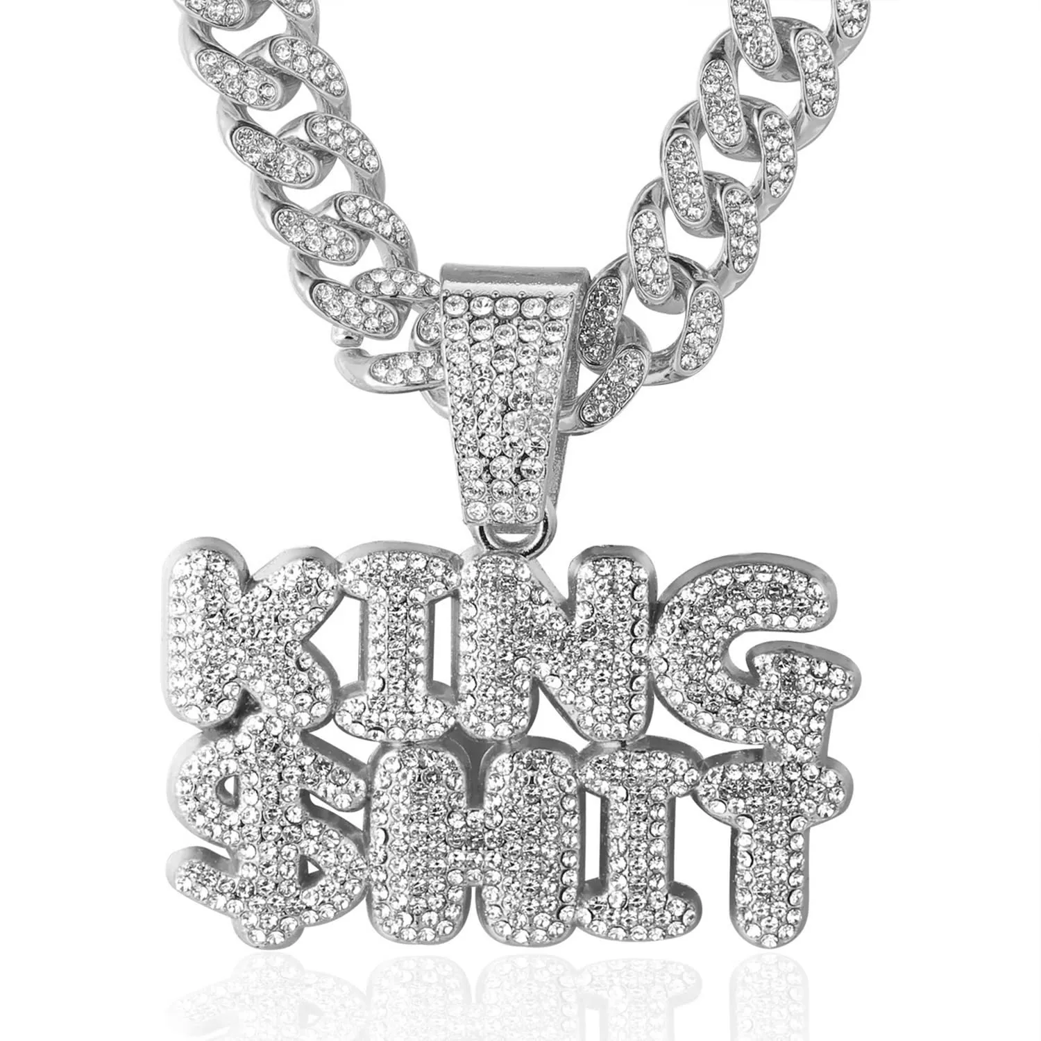 HALUKAKAH King $Hit Collana Catena a Maglia Cubana 14mm 45cm con Ciondolo, Finitura Oro Bianco Platino e Diamanti Lab CZ - immagine 1