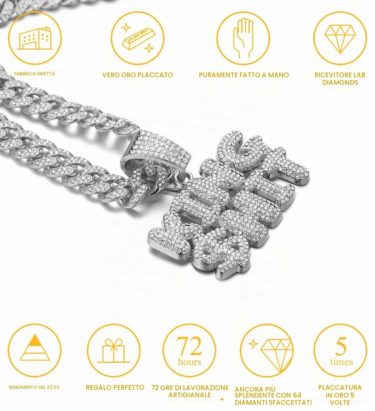 HALUKAKAH King $Hit Collana Catena a Maglia Cubana 14mm 45cm con Ciondolo, Finitura Oro Bianco Platino e Diamanti Lab CZ - immagine 2