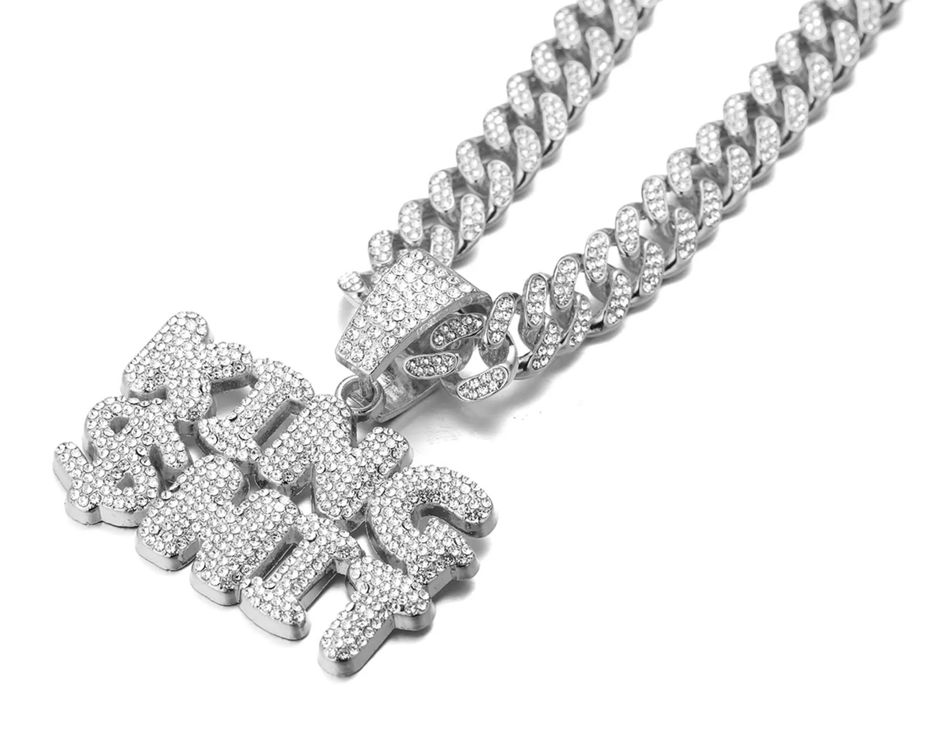 HALUKAKAH King $Hit Collana Catena a Maglia Cubana 14mm 45cm con Ciondolo, Finitura Oro Bianco Platino e Diamanti Lab CZ - immagine 3