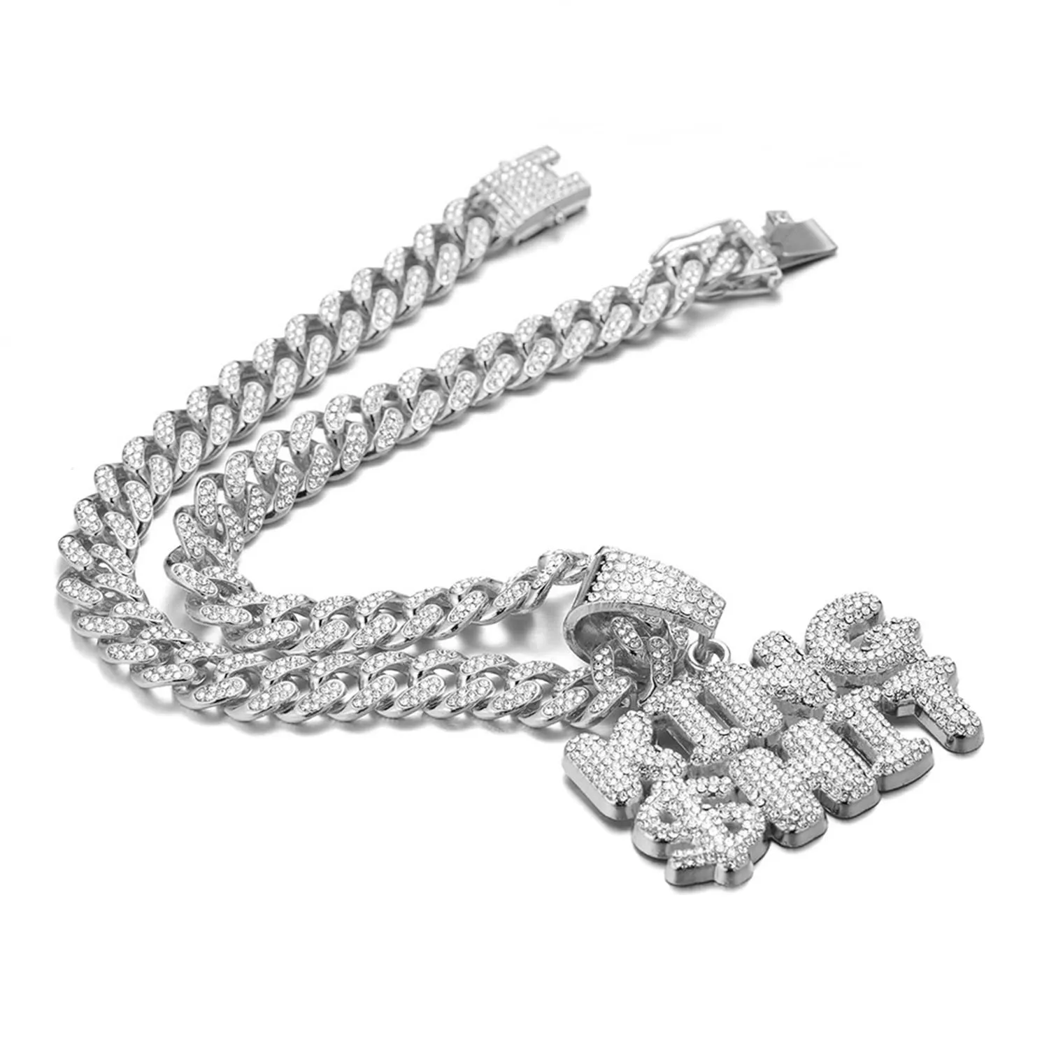 HALUKAKAH King $Hit Collana Catena a Maglia Cubana 14mm 45cm con Ciondolo, Finitura Oro Bianco Platino e Diamanti Lab CZ - immagine 4