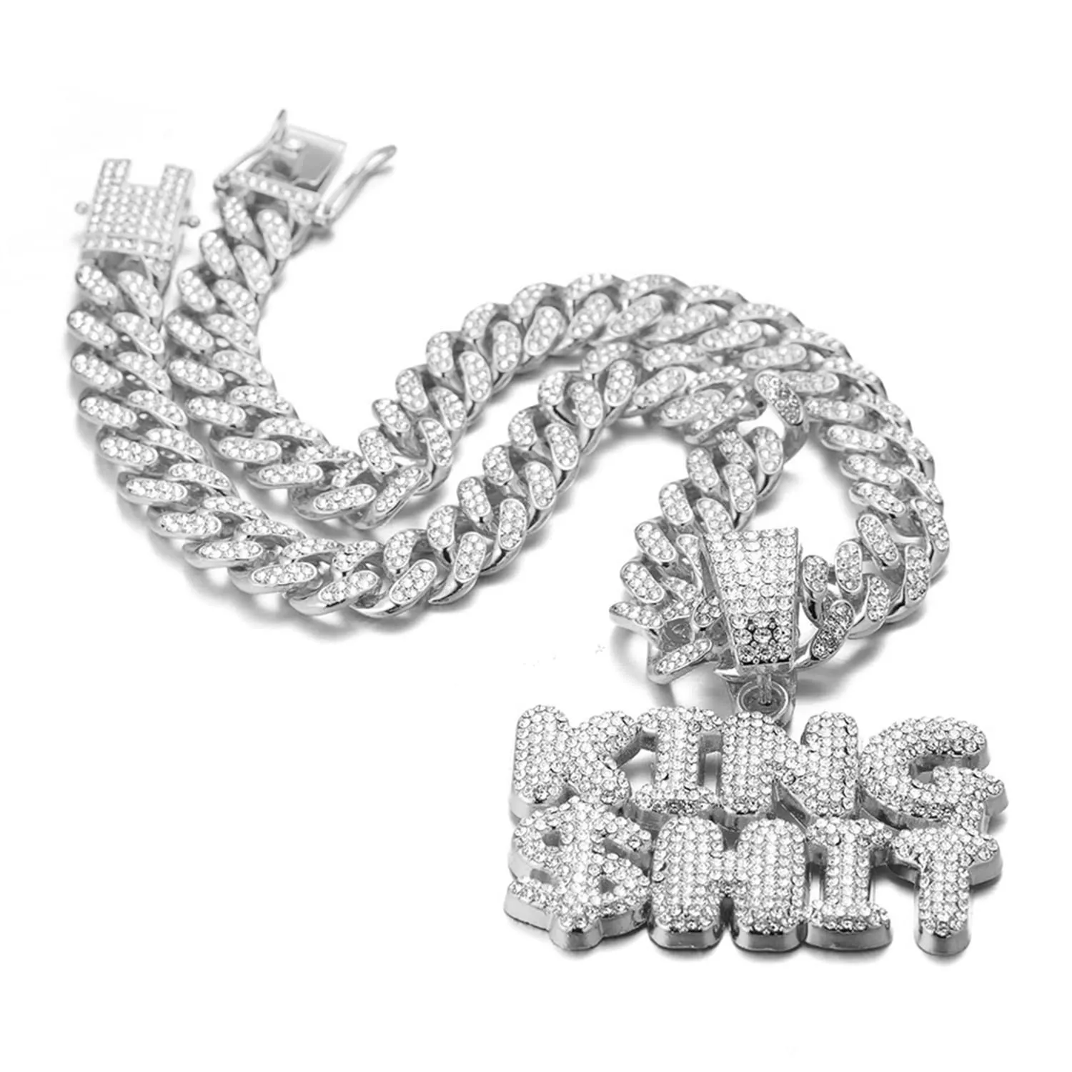 HALUKAKAH King $Hit Collana Catena a Maglia Cubana 14mm 45cm con Ciondolo, Finitura Oro Bianco Platino e Diamanti Lab CZ - immagine 5