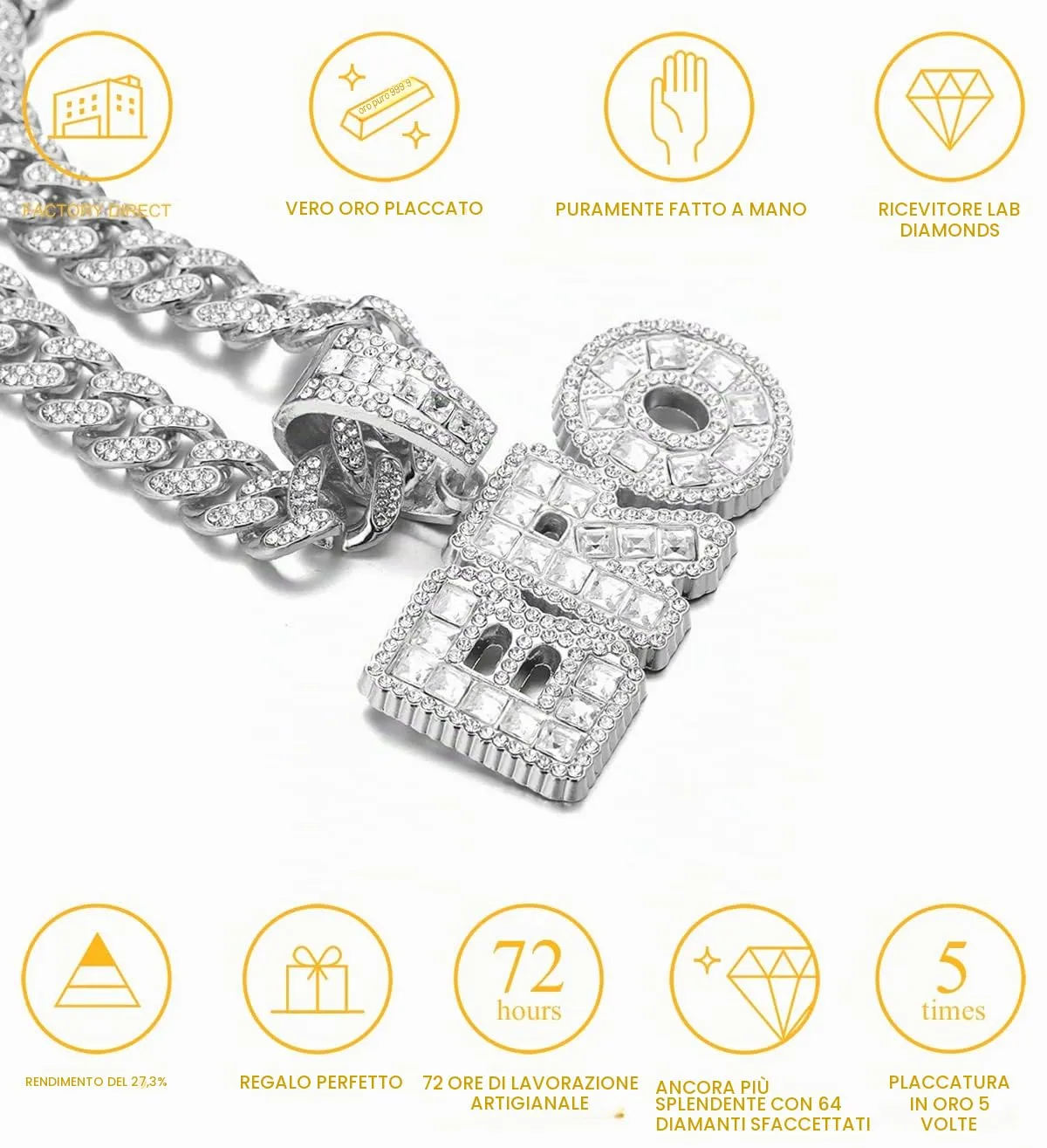 HALUKAKAH BRO Collana a Maglia Cubana 14mm con Ciondolo, Finitura Oro Bianco Platino Iced Out, Diamanti Cz, 45cm - immagine 2