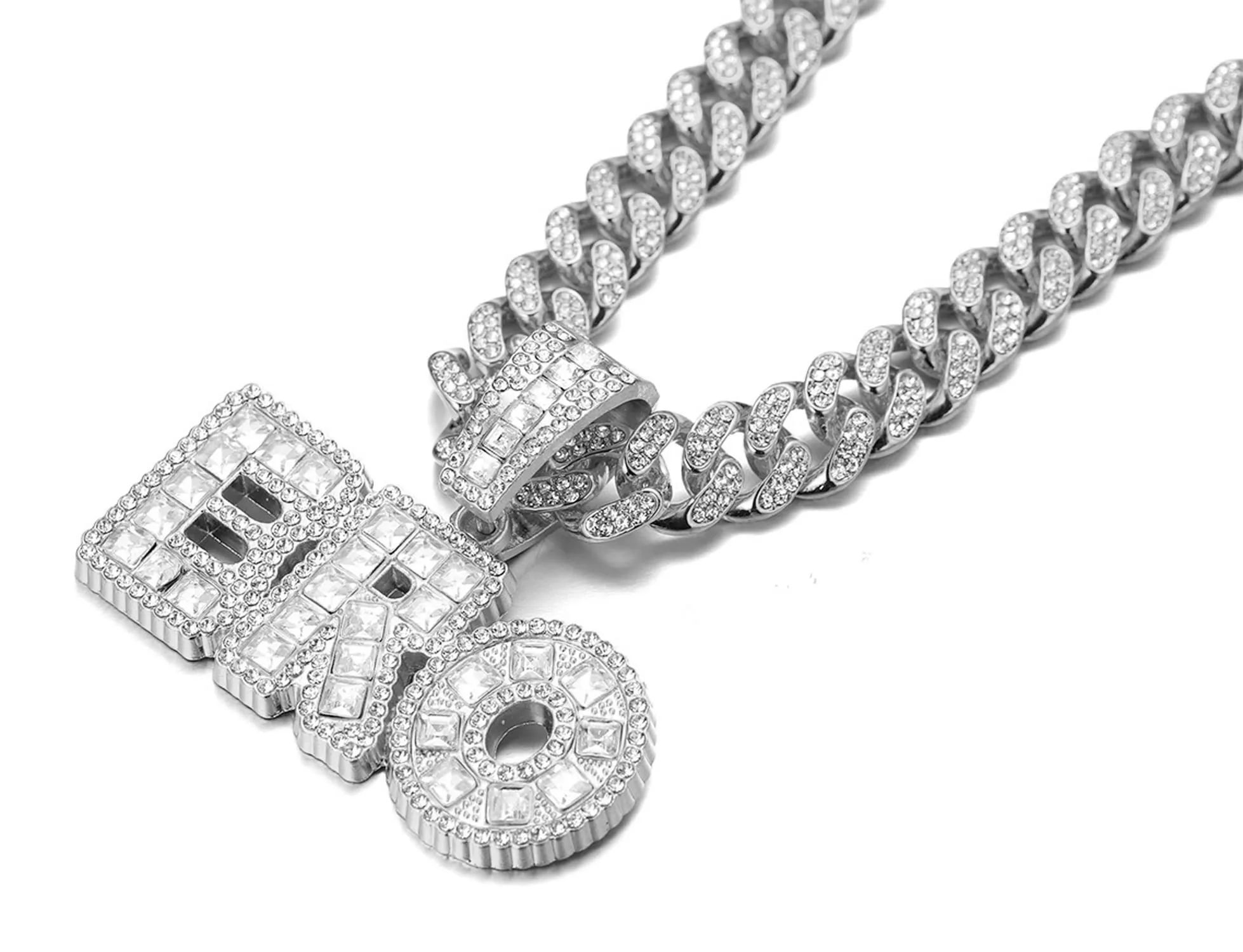 HALUKAKAH BRO Collana a Maglia Cubana 14mm con Ciondolo, Finitura Oro Bianco Platino Iced Out, Diamanti Cz, 45cm - immagine 3