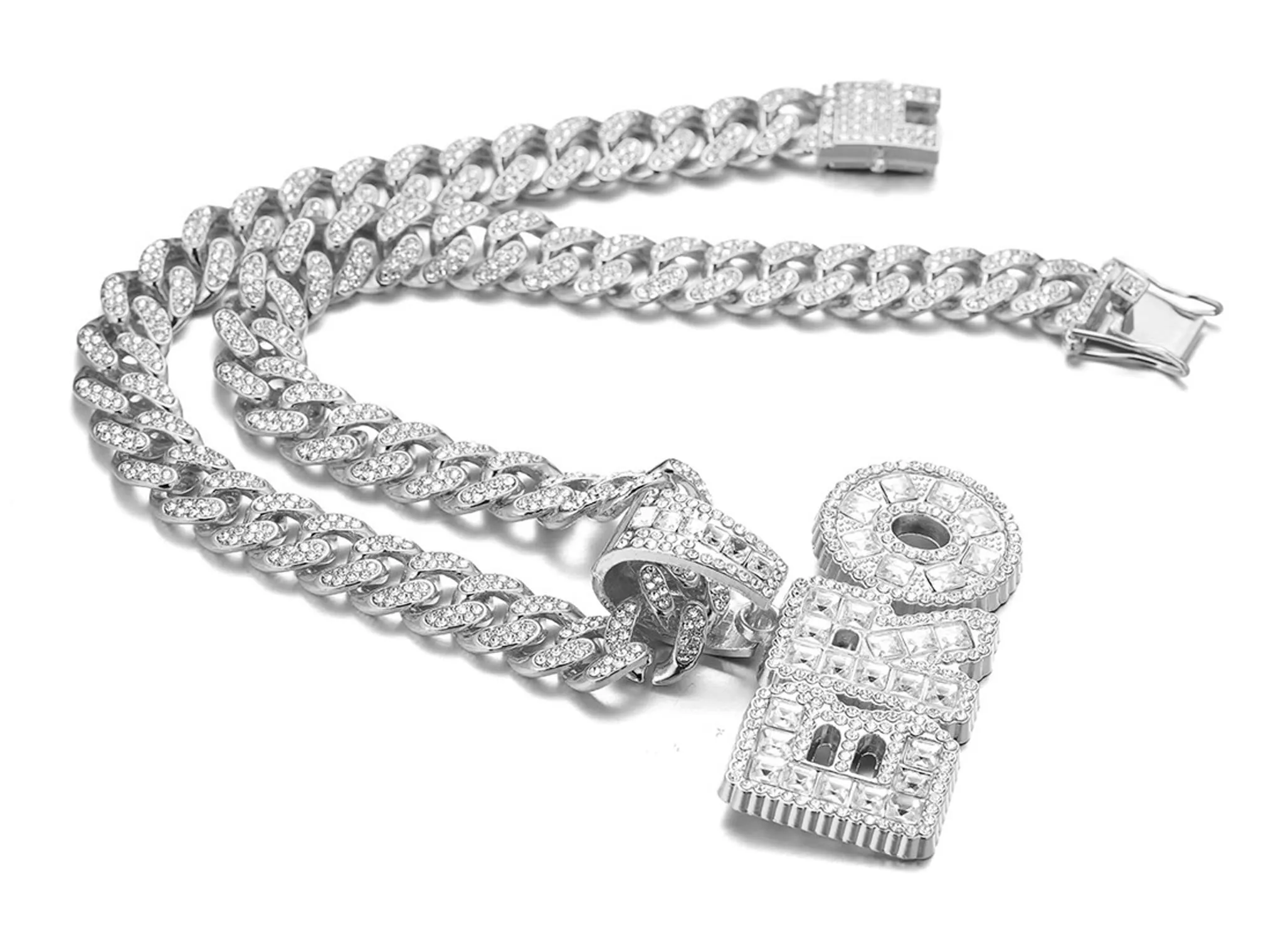 HALUKAKAH BRO Collana a Maglia Cubana 14mm con Ciondolo, Finitura Oro Bianco Platino Iced Out, Diamanti Cz, 45cm - immagine 4