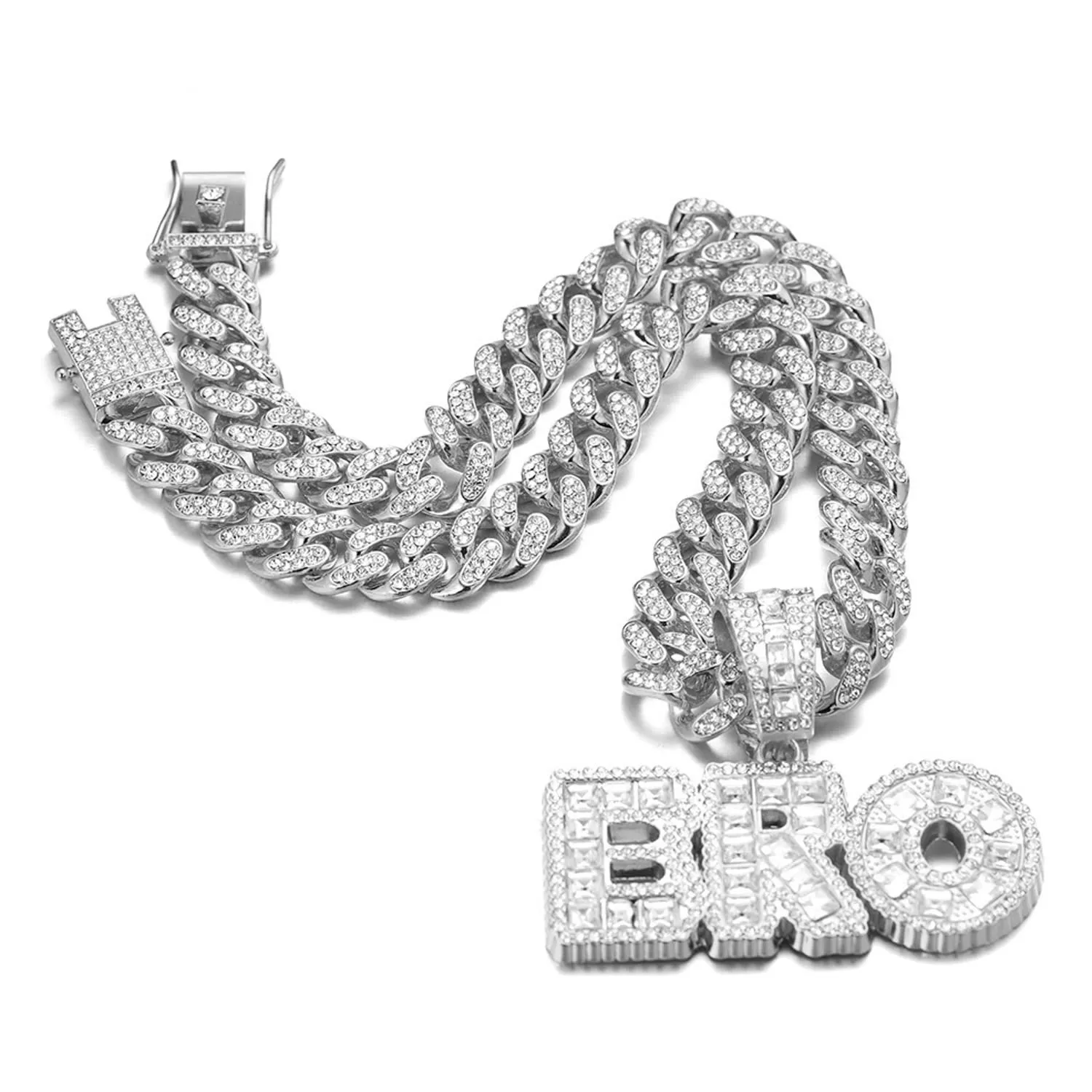 HALUKAKAH BRO Collana a Maglia Cubana 14mm con Ciondolo, Finitura Oro Bianco Platino Iced Out, Diamanti Cz, 45cm - immagine 5