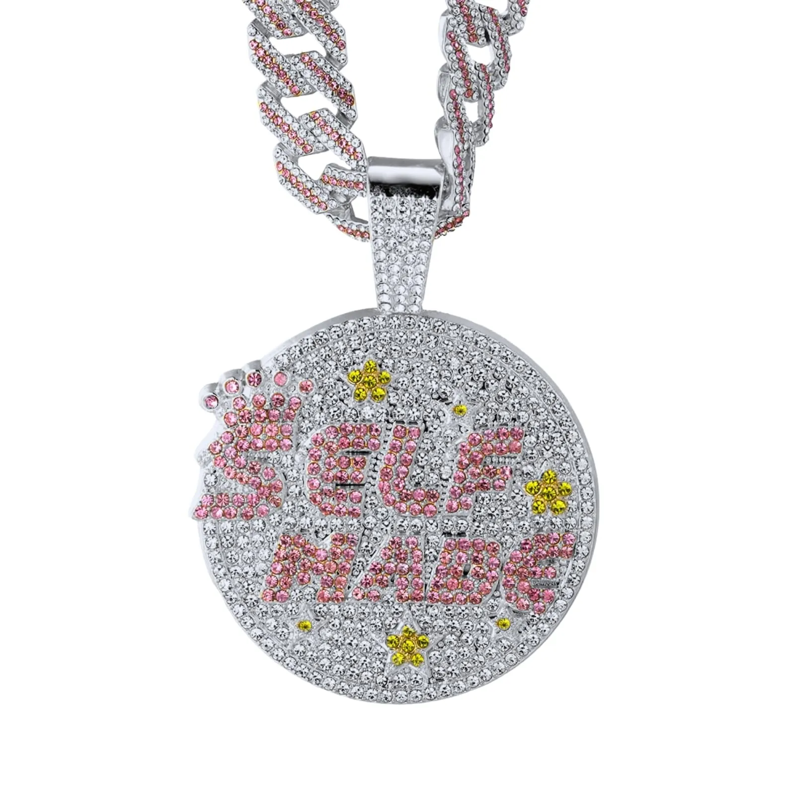 HALUKAKAH Collana Self Made Diamanti Rosa Uomo Placcato in Platino con Catena Cubana 15mm 50cm - immagine 1
