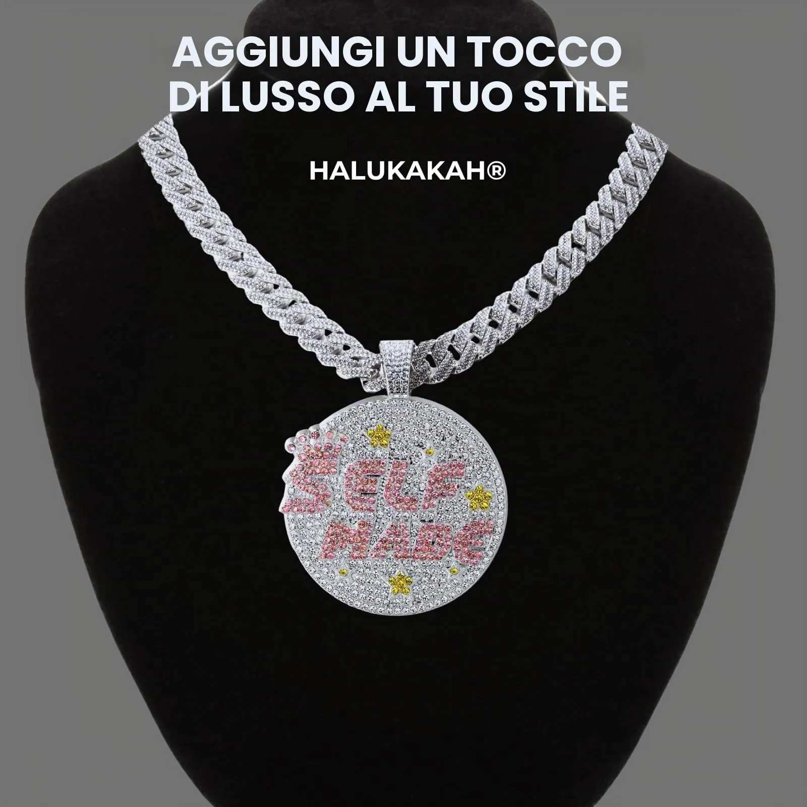HALUKAKAH Collana Self Made Diamanti Rosa Uomo Placcato in Platino con Catena Cubana 15mm 50cm - immagine 2