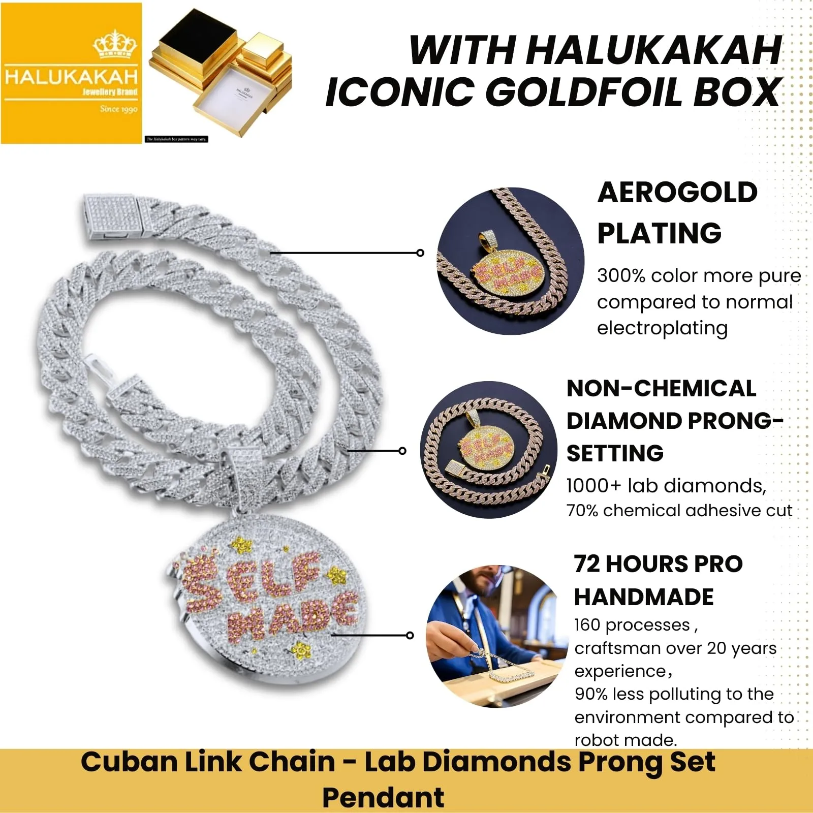 HALUKAKAH Collana Self Made Diamanti Rosa Uomo Placcato in Platino con Catena Cubana 15mm 50cm - immagine 3