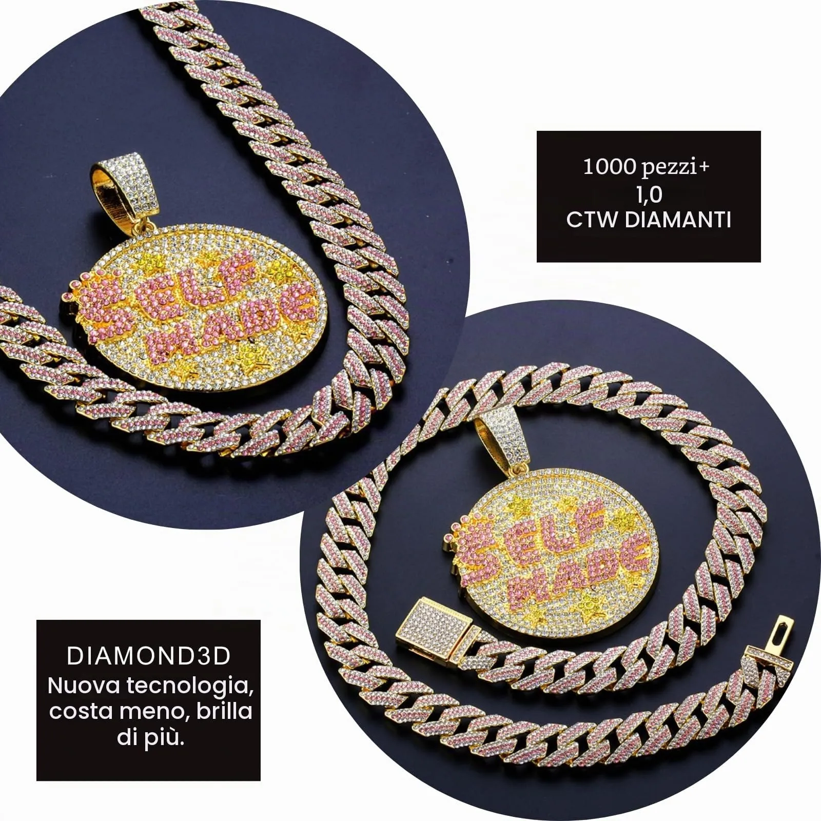 HALUKAKAH Collana Self Made Diamanti Rosa Uomo Placcato in Platino con Catena Cubana 15mm 50cm - immagine 4